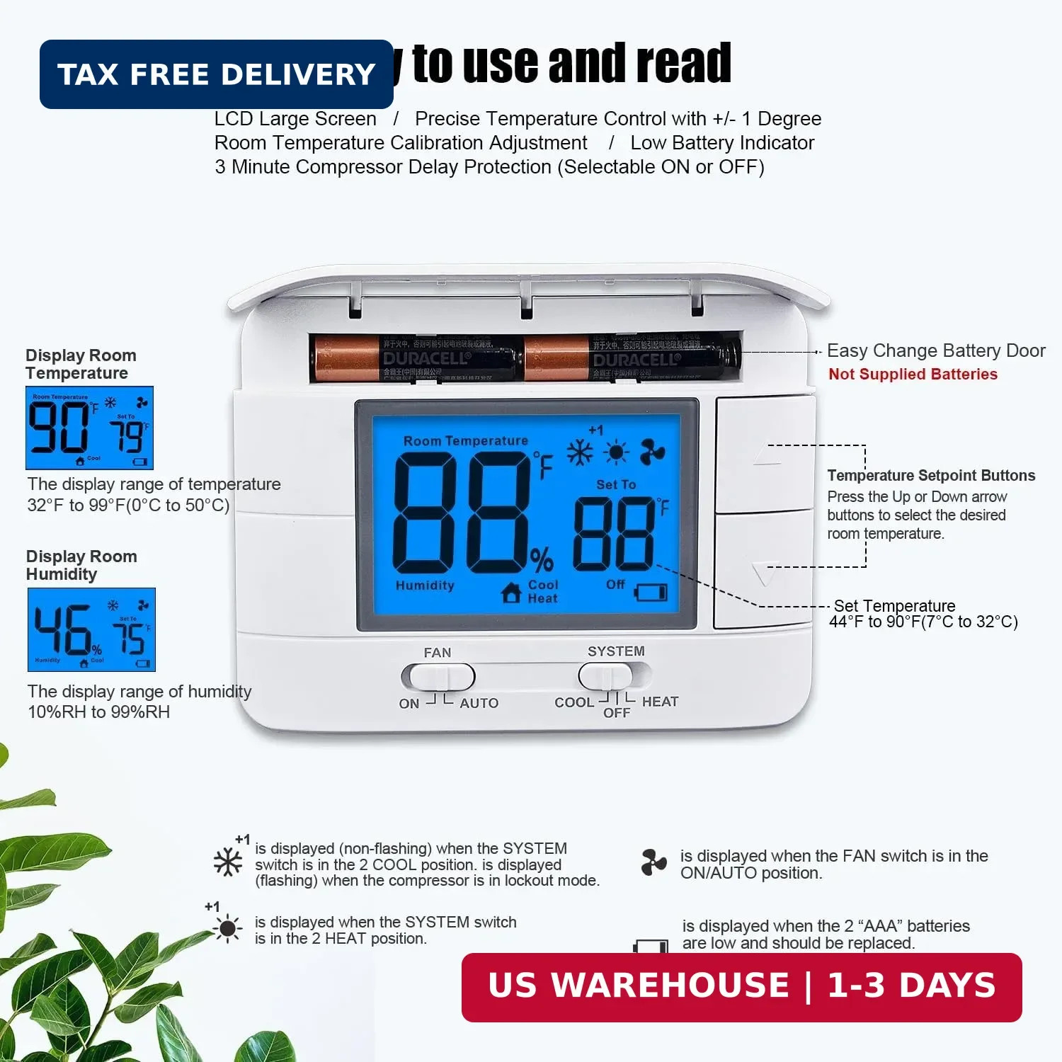 Non Programmable Thermostat for Home – Multi Stage 2H/2C, with Large LCD Display