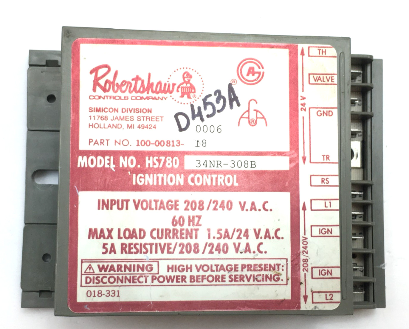 Robertshaw HS780 34NR-308B 100-00813-18 Ignition Control Module used #D453A