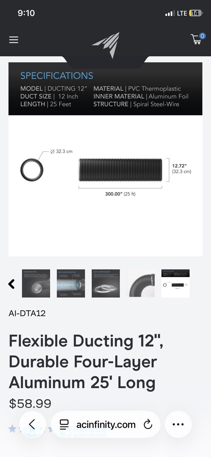 AC Infinity AI-DTA12 Flexible Round Duct Hose 12 in x 25 ft Black – MSRP $58.99