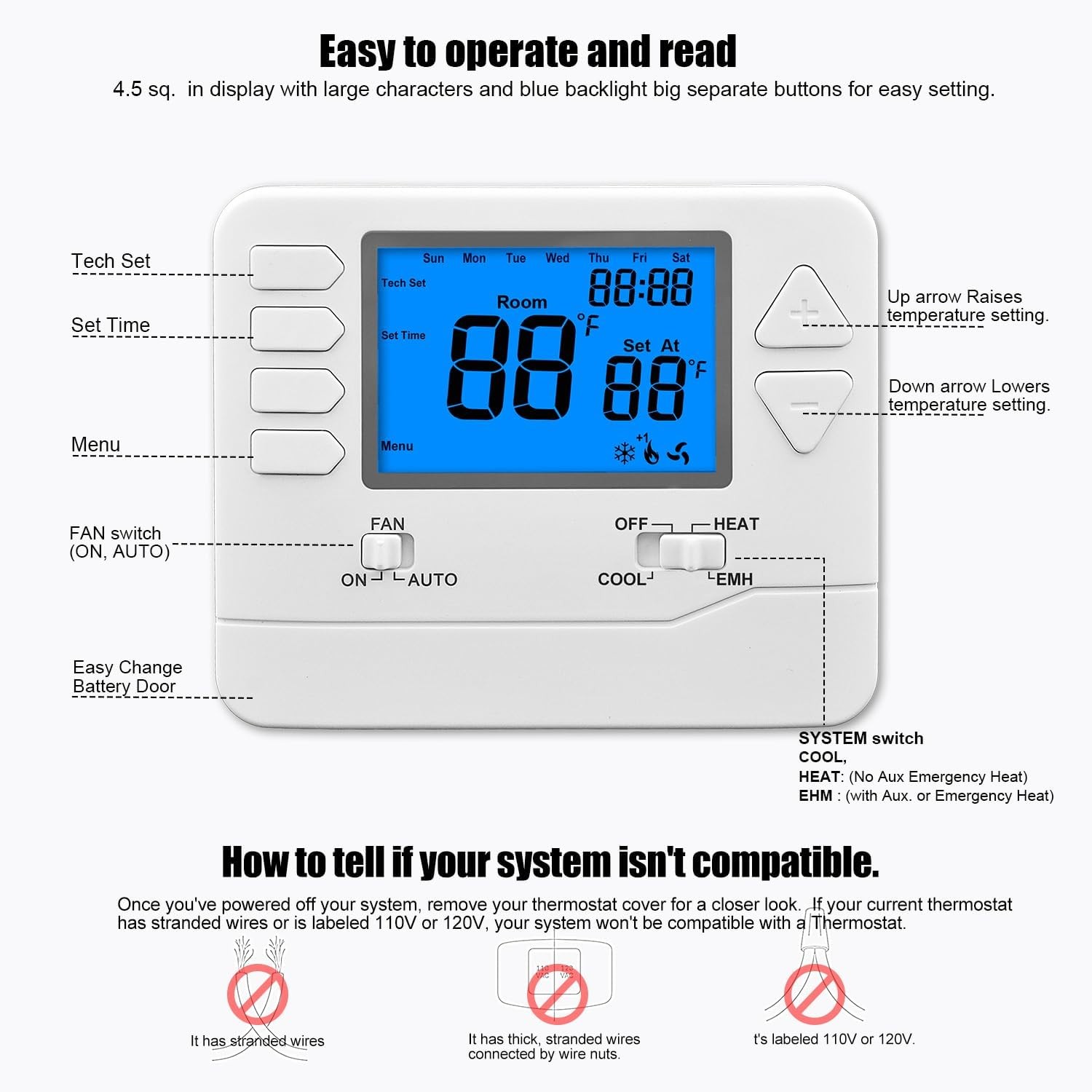 Non-Programmable Heat Pump Thermostat for Home Up to 2 Heat/1 Cool
