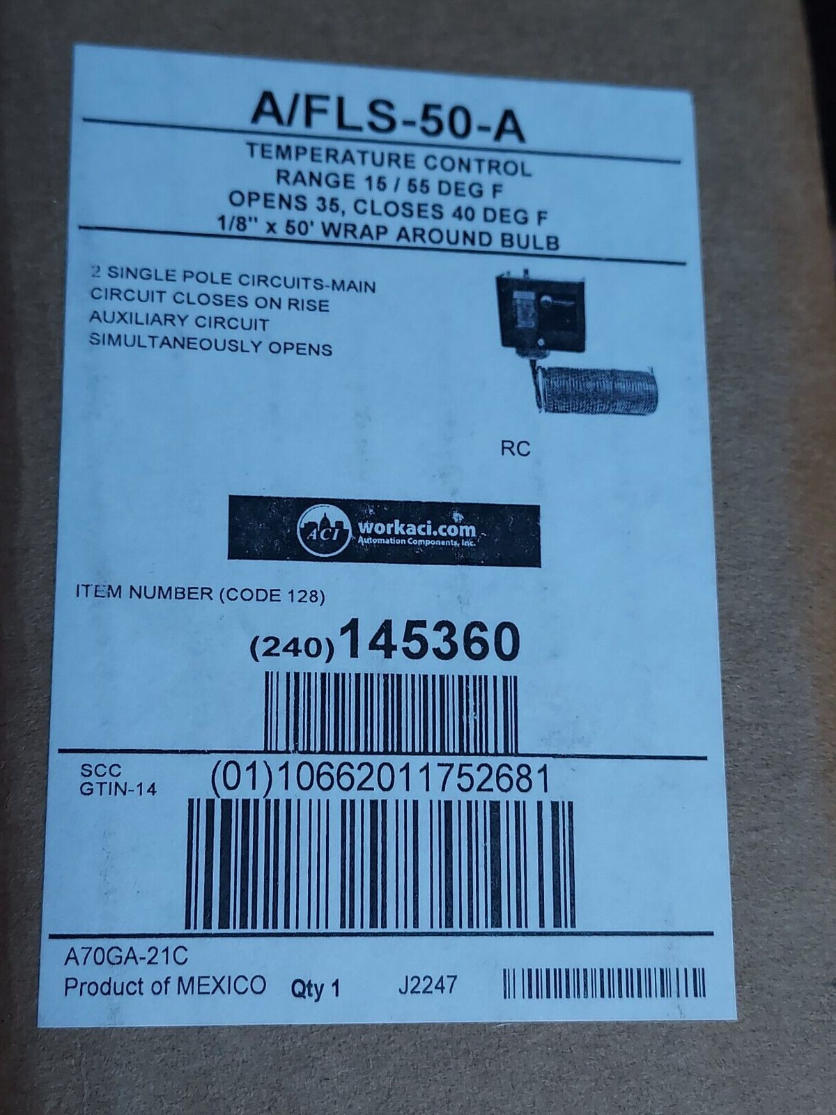ACI A/FLS-50-A TEMPERATURE CONTROL FREEZE STAT, AUTO RESET, 50FT, 145360 NEW