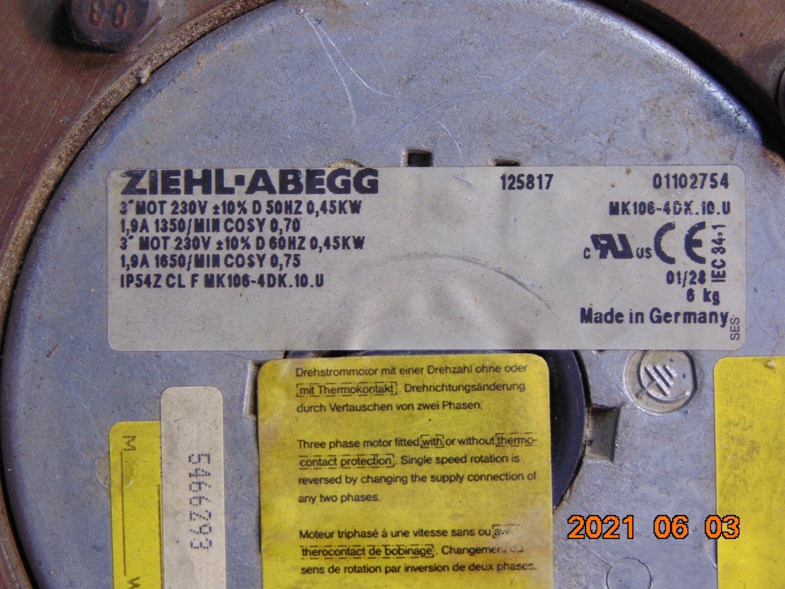 ZIEHL ABEGG MK106-4DK.10.U / MK1064DK10U FAN MOTOR
