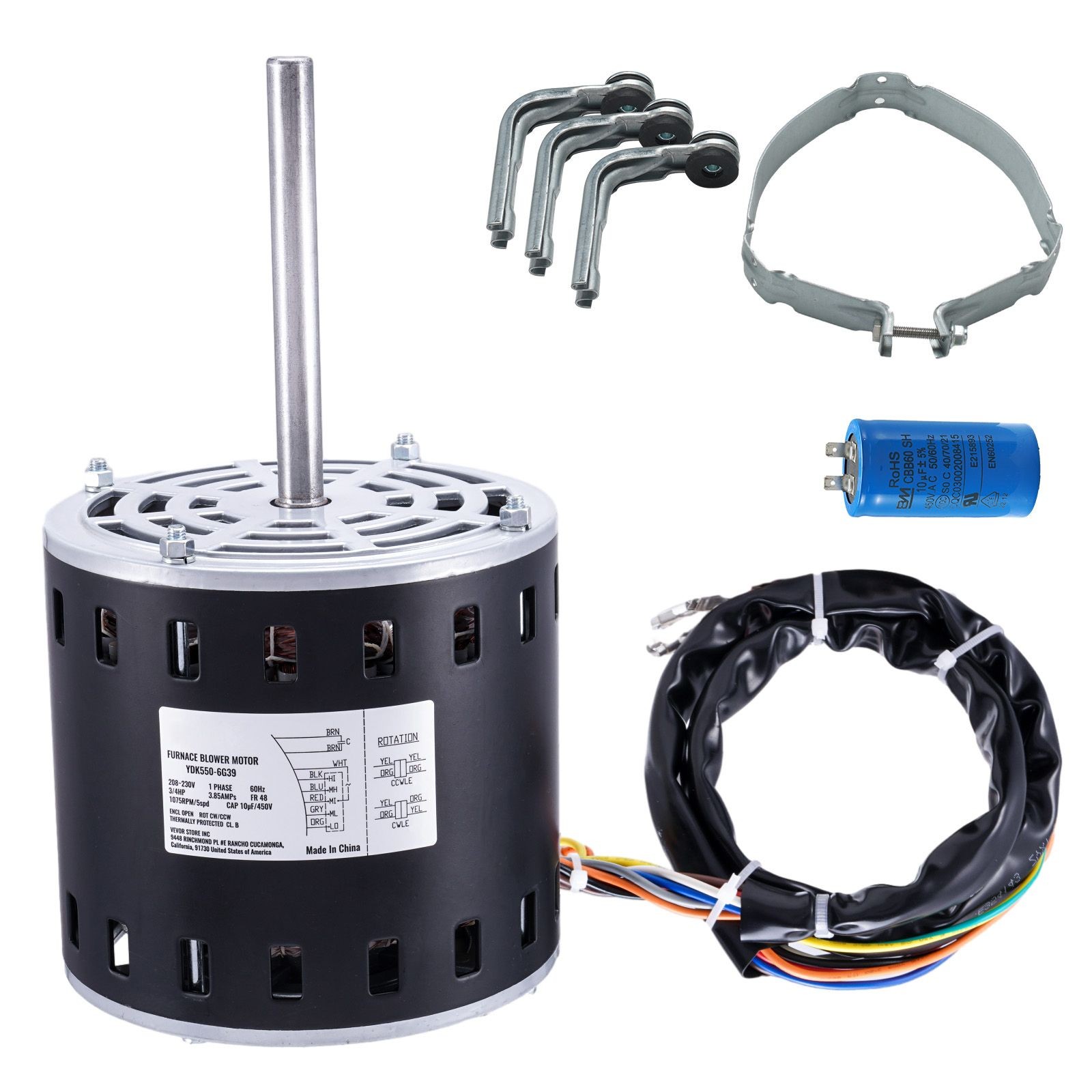 3/4HP Furnace Blower Motor, 208/230V 3.85Amps, 1075RPM 5 Speeds, CW/CCW Rotation