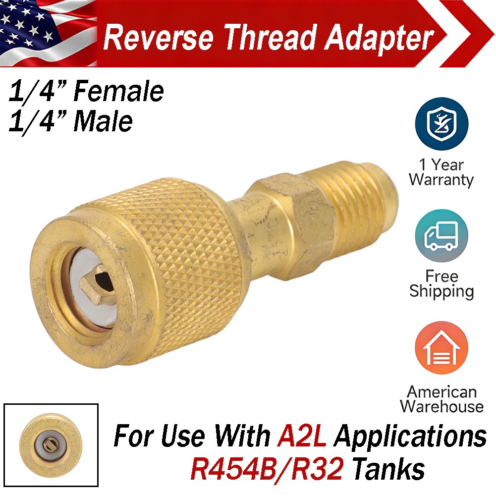 HVAC R32 Reverse Thread Adapter For A2L R454B / R32 Tanks 1/4” Female 1/4” Male