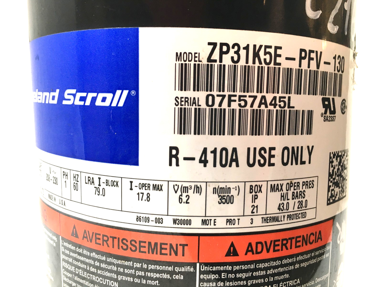 Copeland 2.5 Ton Scroll Compressor ZP31K5E-PFV-130 R410A 208/230V 1 PH used C216