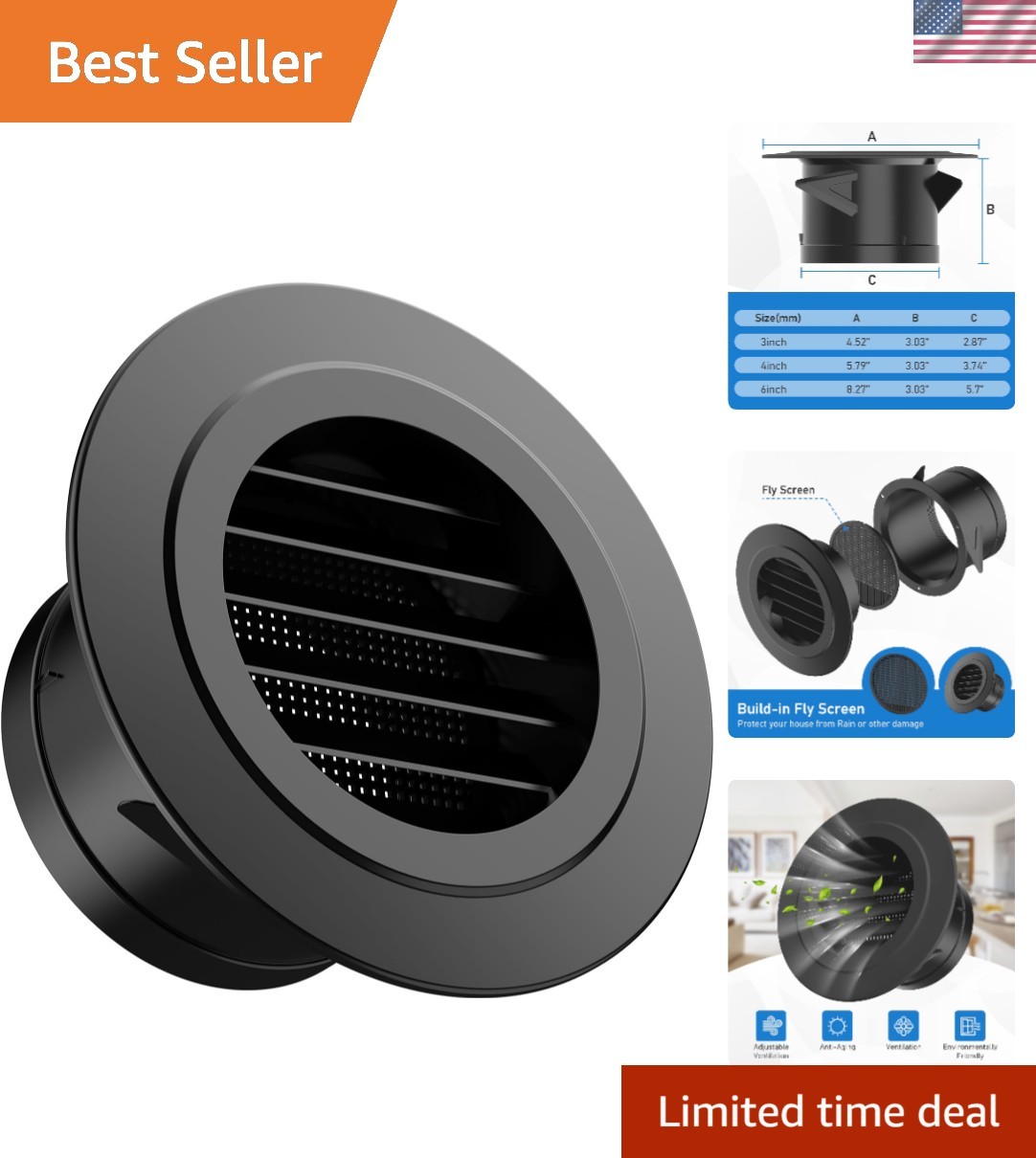 4-Inch Round Soffit Vent with Built-in Fly Screen – Black Air Vent Cover