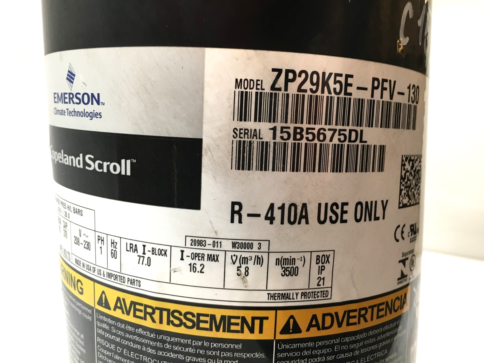 Copeland 2.5 Ton Scroll Compressor ZP29K5E-PFV-130 R410A 208/230V 1 PH used C152