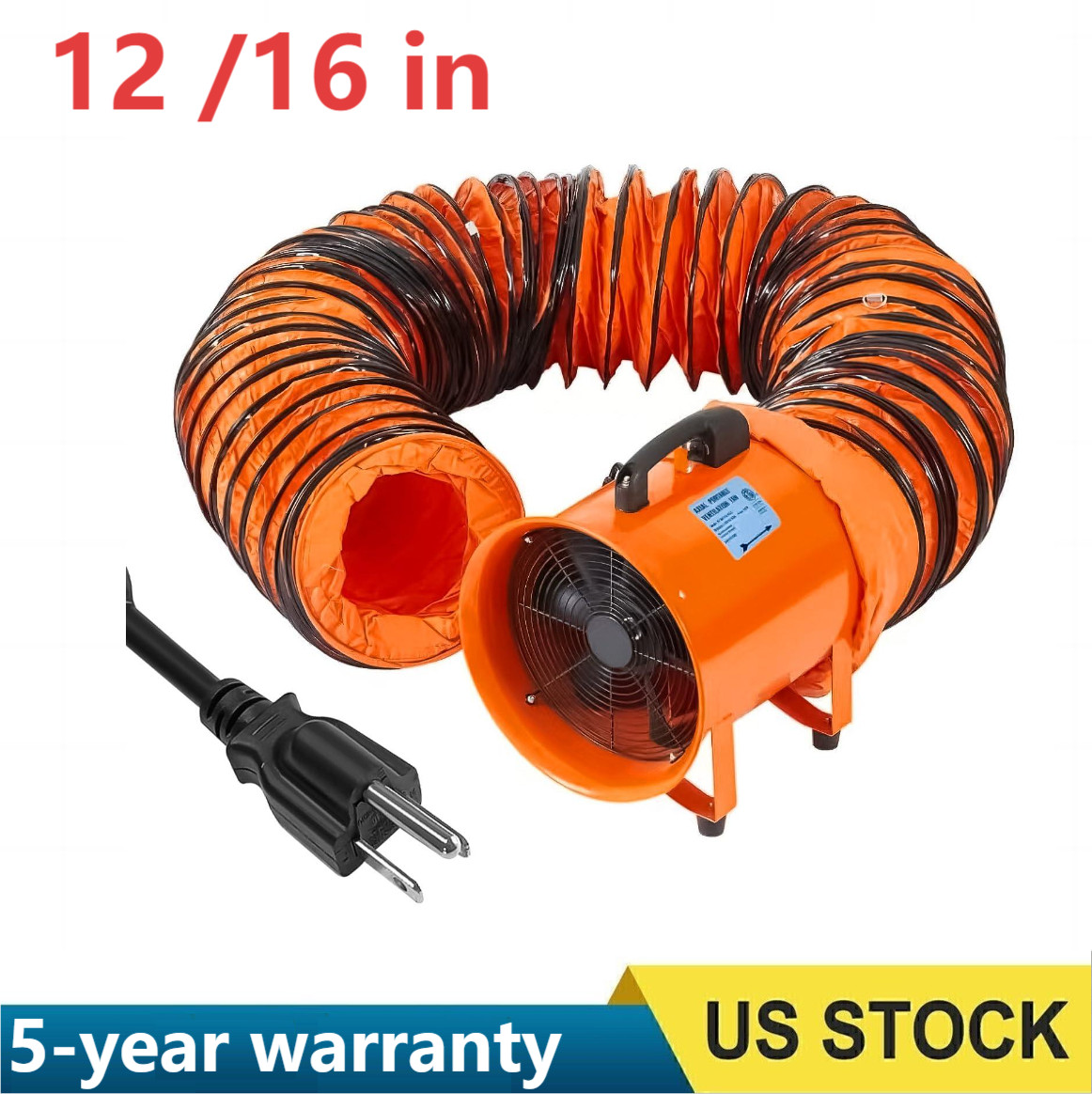 12″/16″ Utility Blower Fan Ventilator Exhaust Fan 16.4/32.8ft Duct Hose 3500 CFM