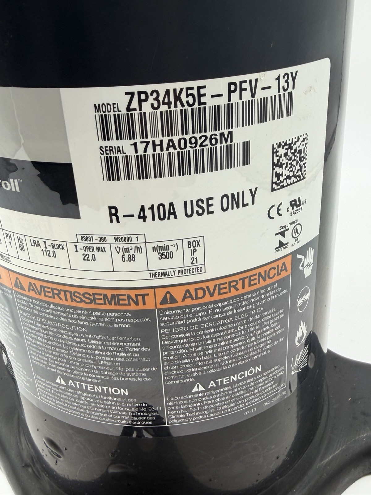 Copeland 3 ton Scroll Compressor ZP34K5E-PFV-130/ ZP34K5E-PFV-13Y Used Tested