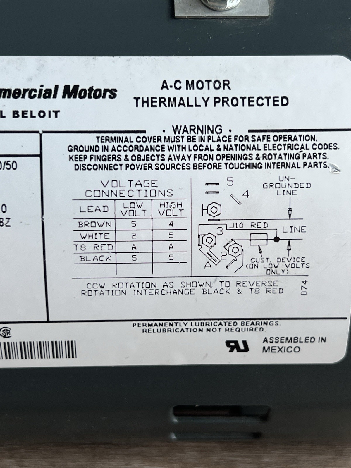 GE Commercial 1/4 HP 5KCP32GN107HS Fan Blower Motor AC A07J190080