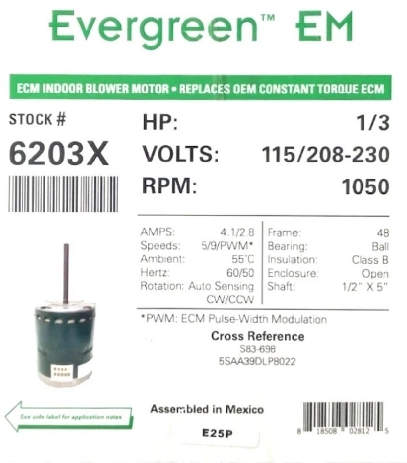 OEM Evergreen ECM INDOOR BLOWER Motor 6203X for Carrier X13 ECM 1/3 HP 115/230 V