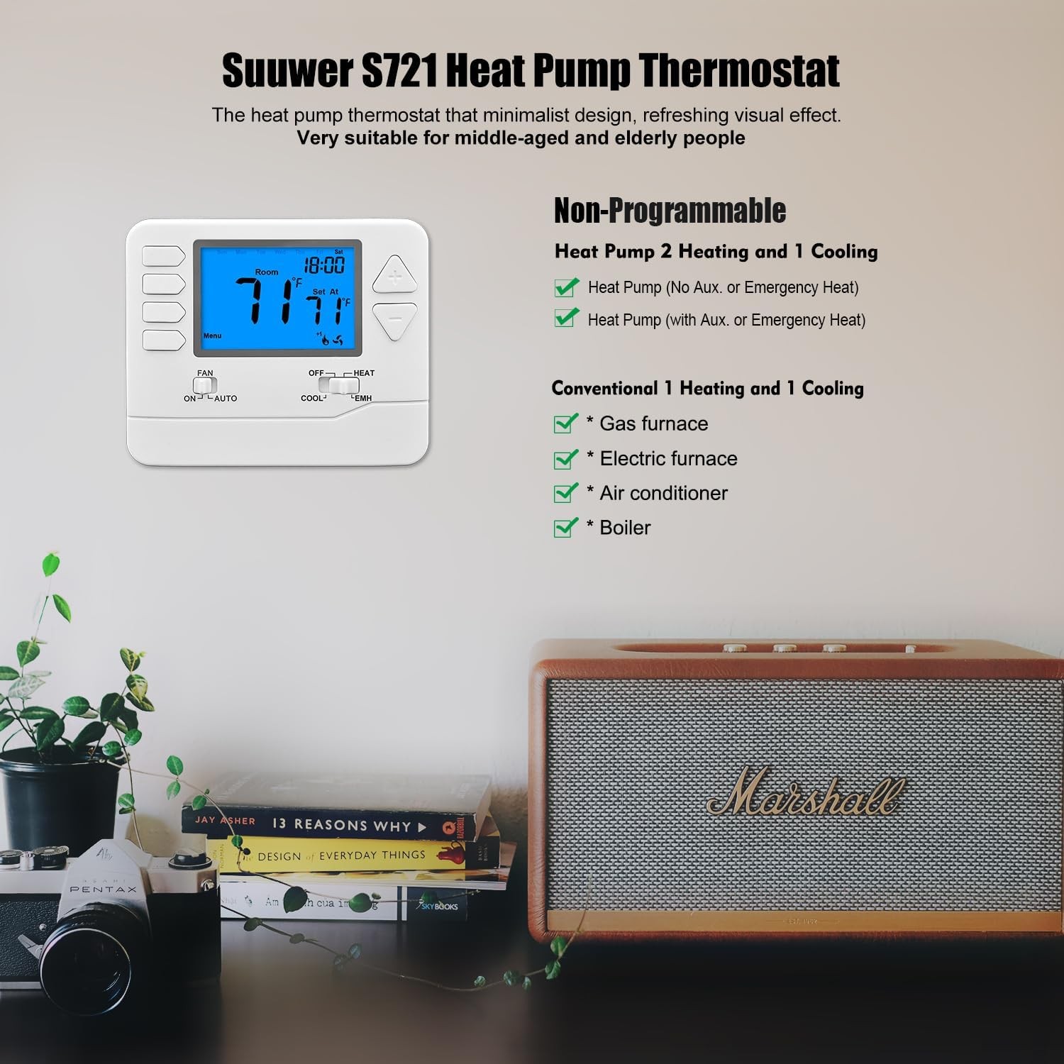 Non-Programmable Heat Pump Thermostat for Home Up to 2 Heat/1 Cool