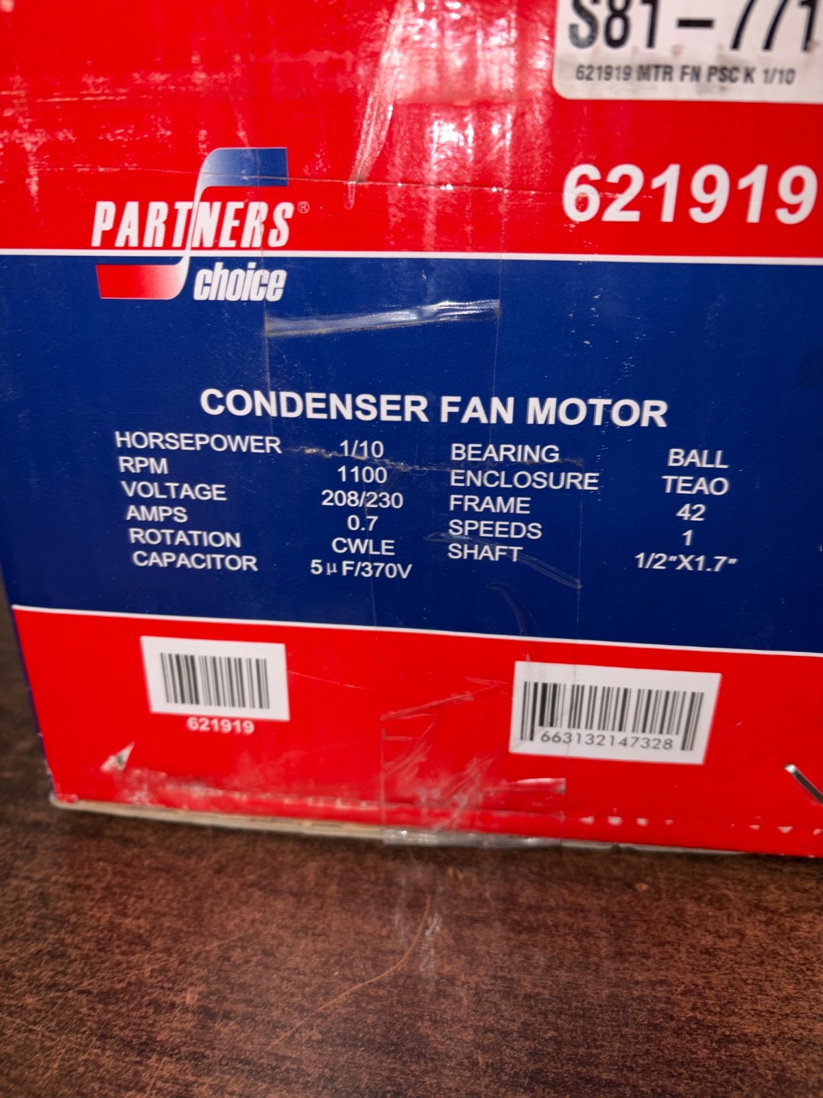 NEW PARTNERS CHOICE 621919 CONDENSER FAN MOTOR. S4