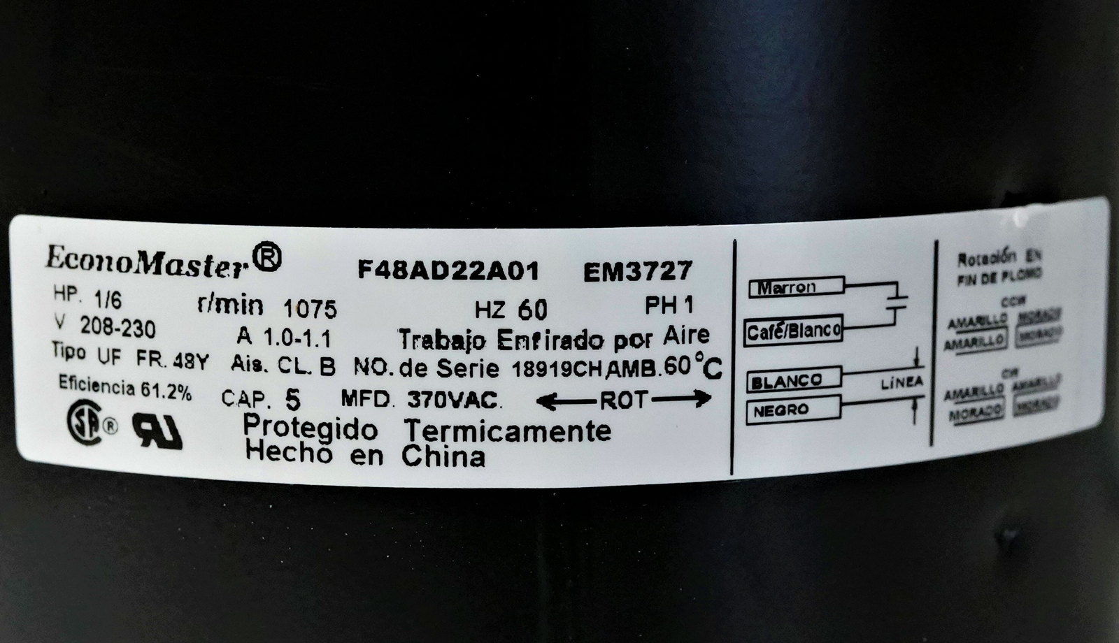 EM-3727 Air Conditioner Condenser Fan Motor 1/6 HP 230V 1075 RPM for Fasco D917