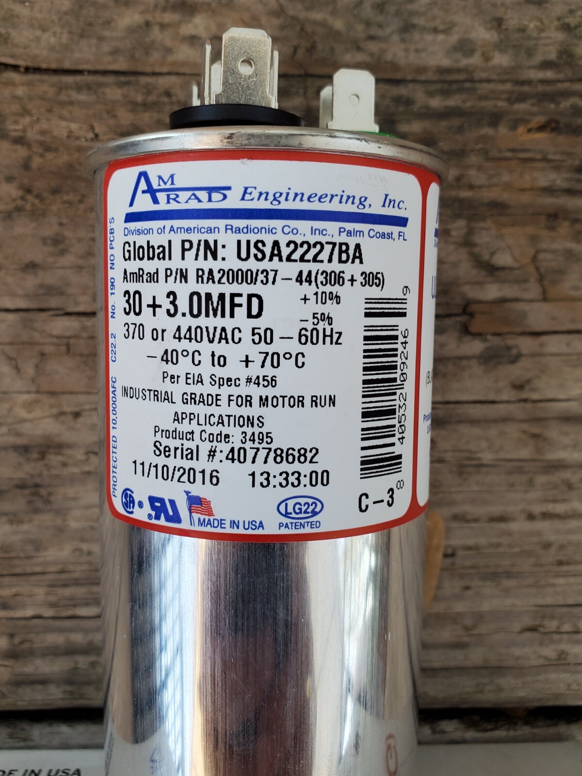 AmRad USA2227BA Round Run Capacitor 30+3 uF MFD 370 / 440 Volt Made in USA