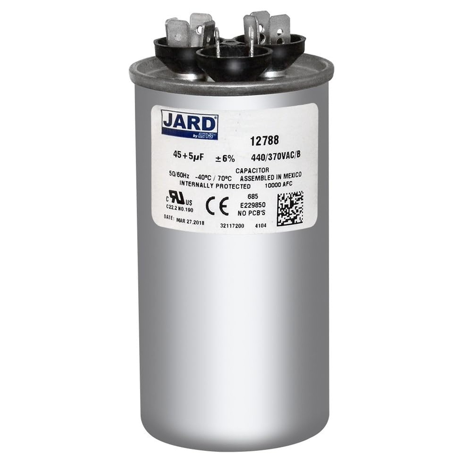 45 + 5 uF x 370 or 440 VAC – Jard # 12788 Round Dual Run Capacitor, Sold Each