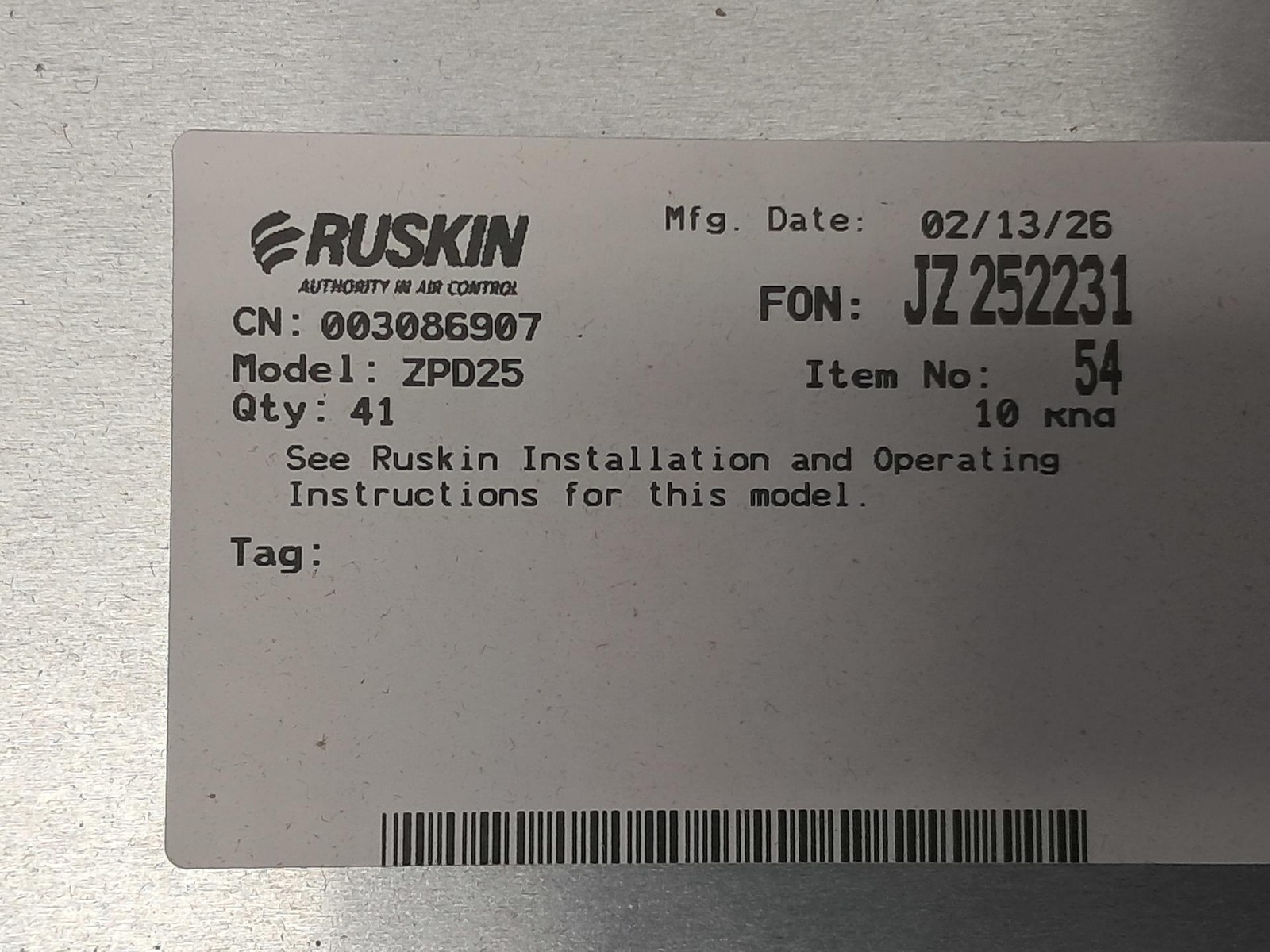 Ruskin – ZPD25 – 10″ Zone Pulse Fire Damper True Round w/Cable – NEW