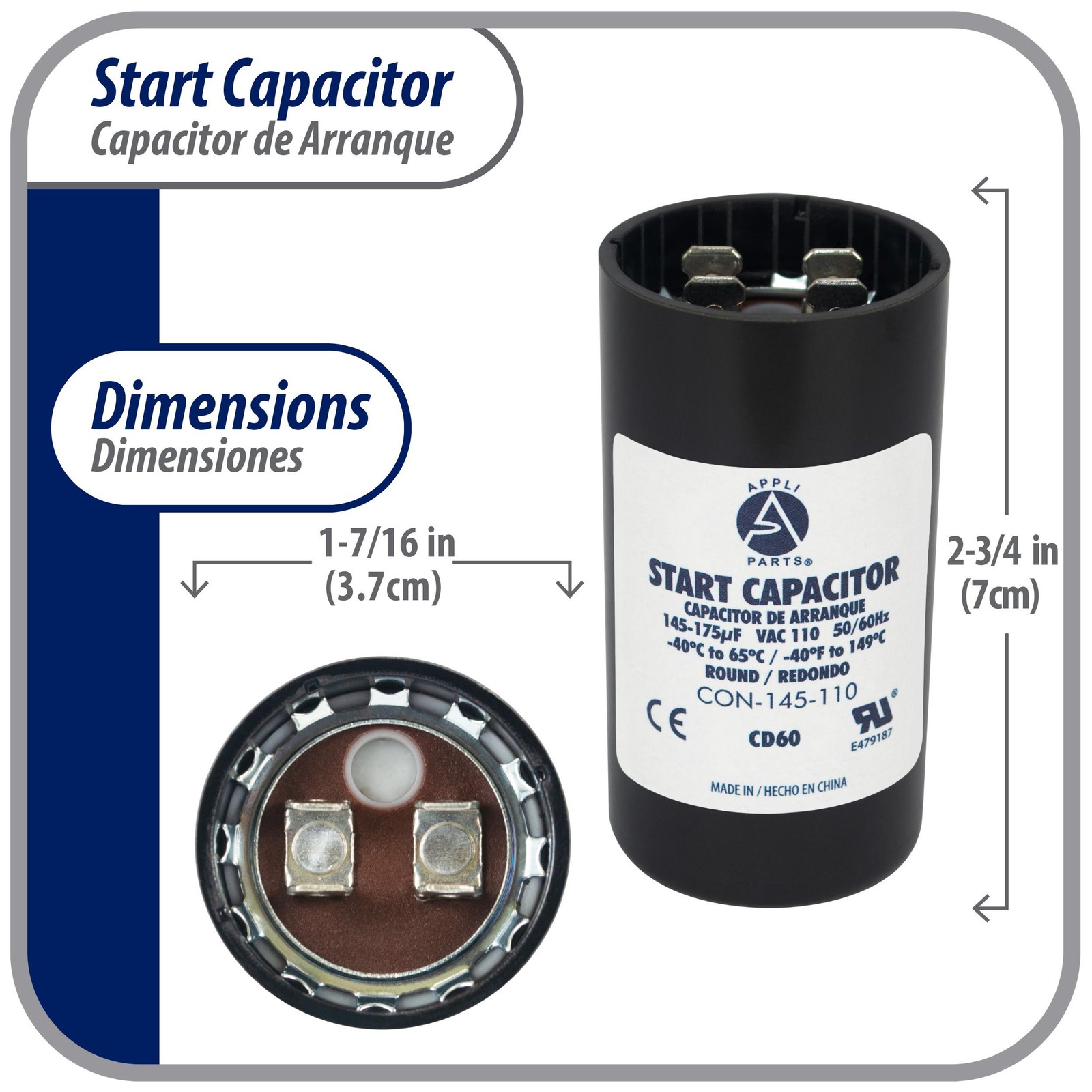 Appli Parts motor start capacitor 145-175 Mfd (microfarads) uF 110-125 VAC unive