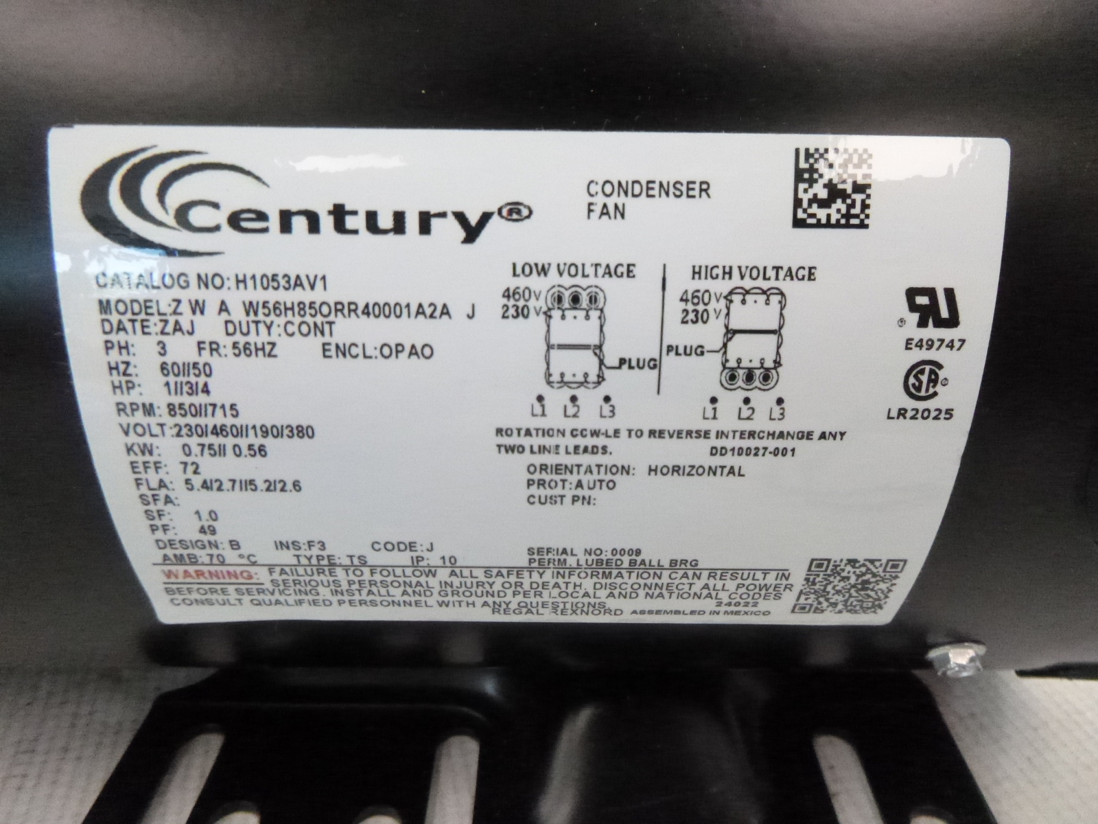 Century Condenser Fan Motor Open Air Over 1HP 850RPM 1 Speed AutoSEE DESC.