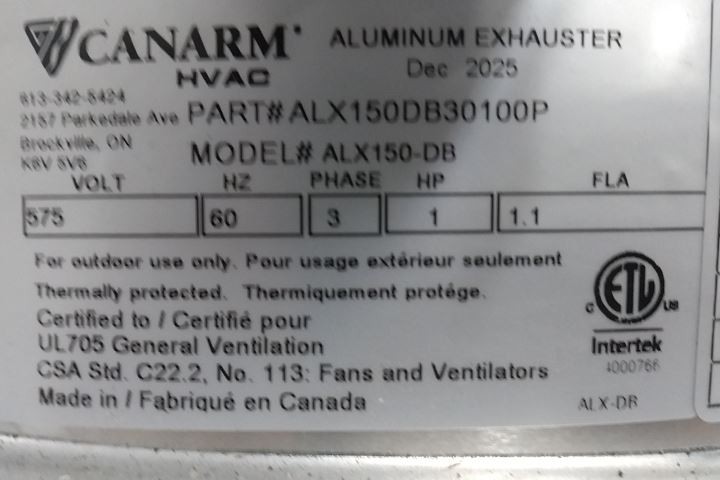 Canarm ALX150DB30100P 13-1/2 In Wheel Dia Centrifugal Downblast Roof Exhaust Fan