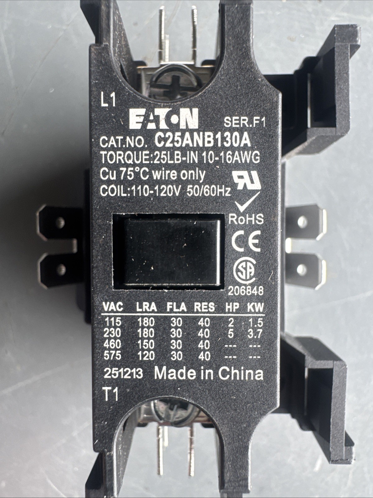C25ANB130A Eaton / Cutler Hammer Contactor – 30 Amp / 1 Pole / 110/120V Coil