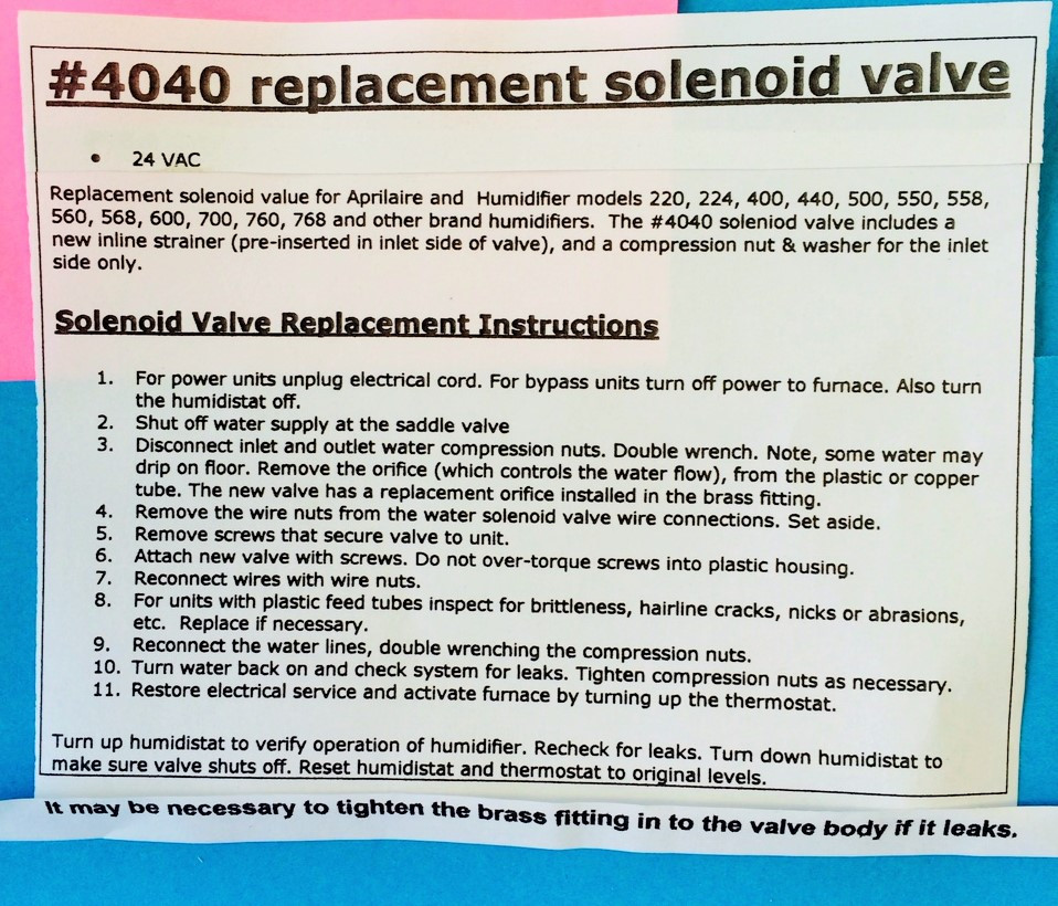 Aprilaire 4040 Solenoid Valve Humidifier 24V Orifice Strainer Included