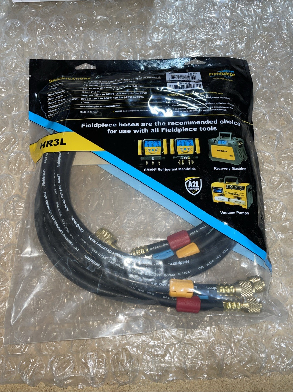 Fieldpiece HR3B HVAC Ball Valve Hose Set (3) 1/4 x 1/4 Refrigerant Charging Hose