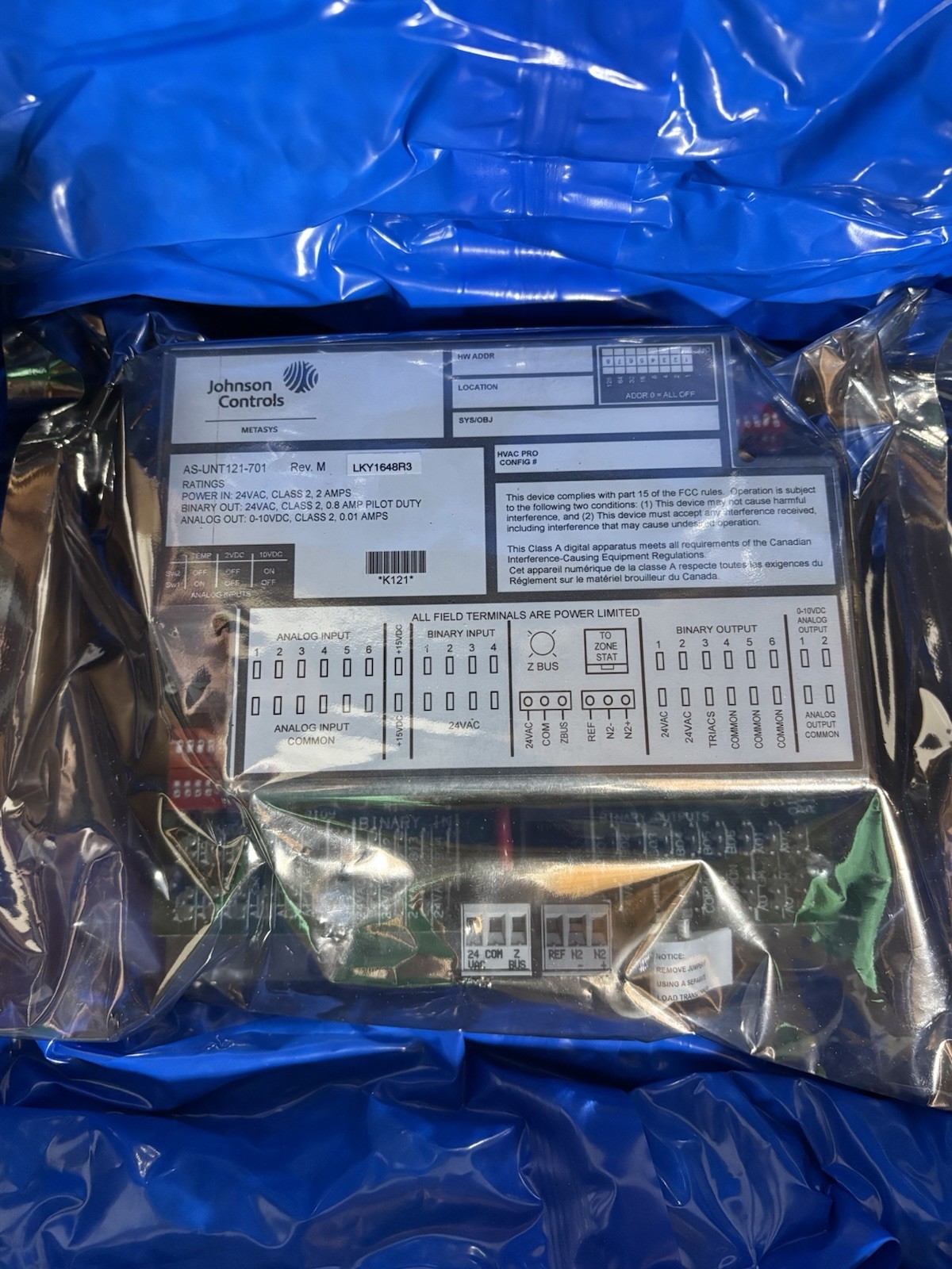 Johnson Controls AS-UNT121-701 Metasys Unitary Controller UNT121-1 N2 Bus 24V HV