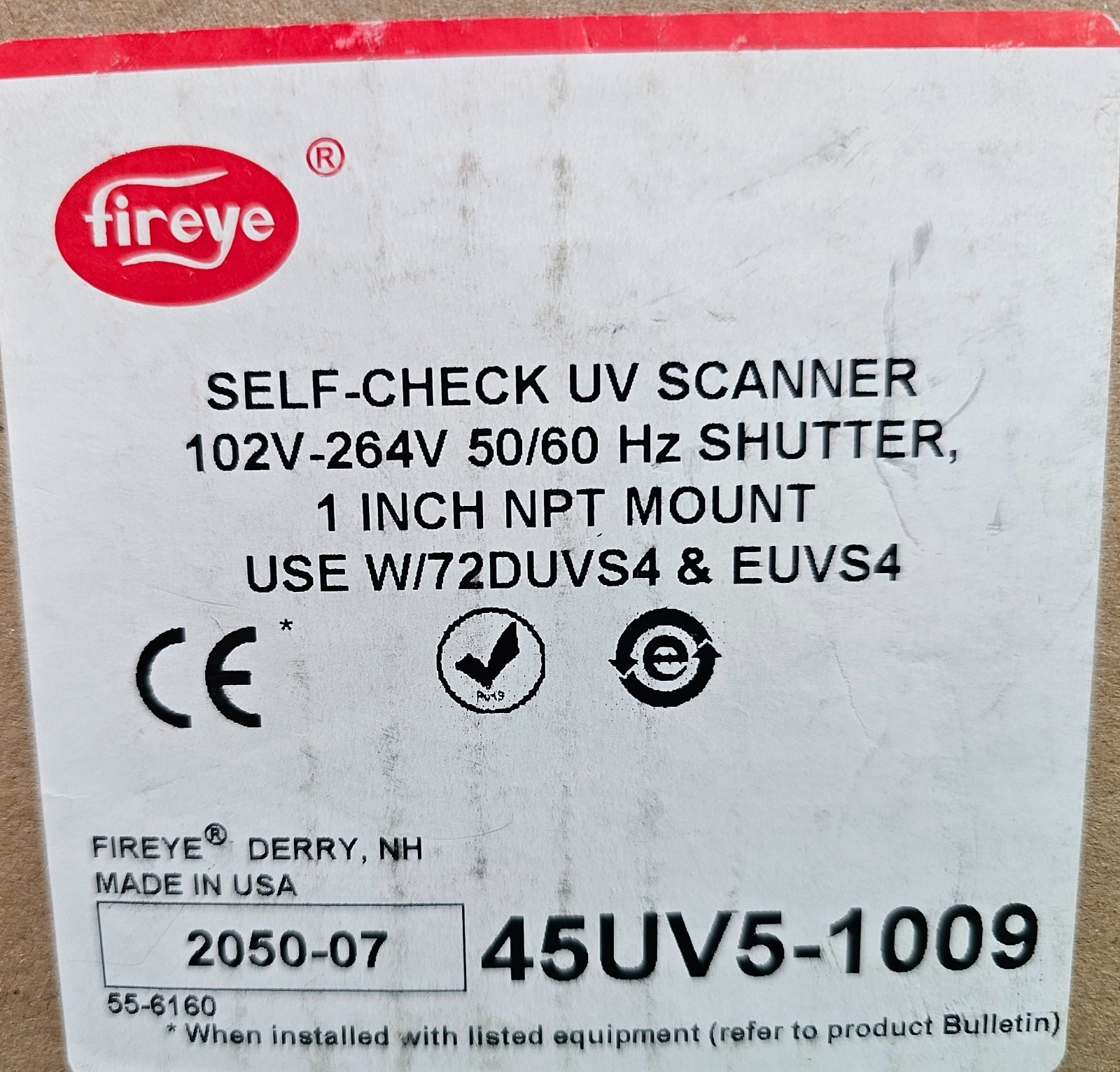 New Self Checking UV Scanner Fireye 45UV5-1009 102V-264V 50/60Hz Shutter 1″ NPT