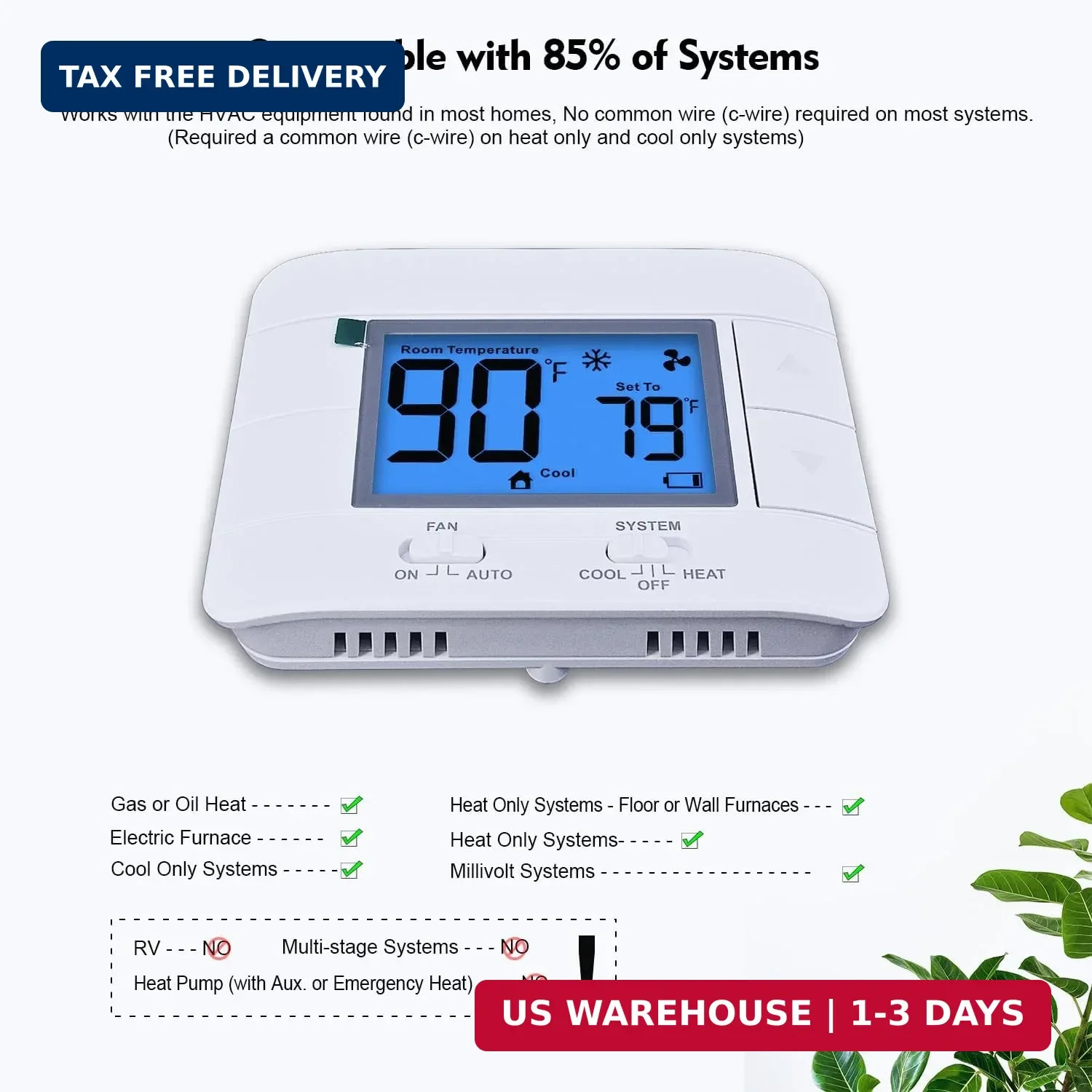 Non Programmable Thermostat for Home – Single Stage 1H/1C, with Room Temperature