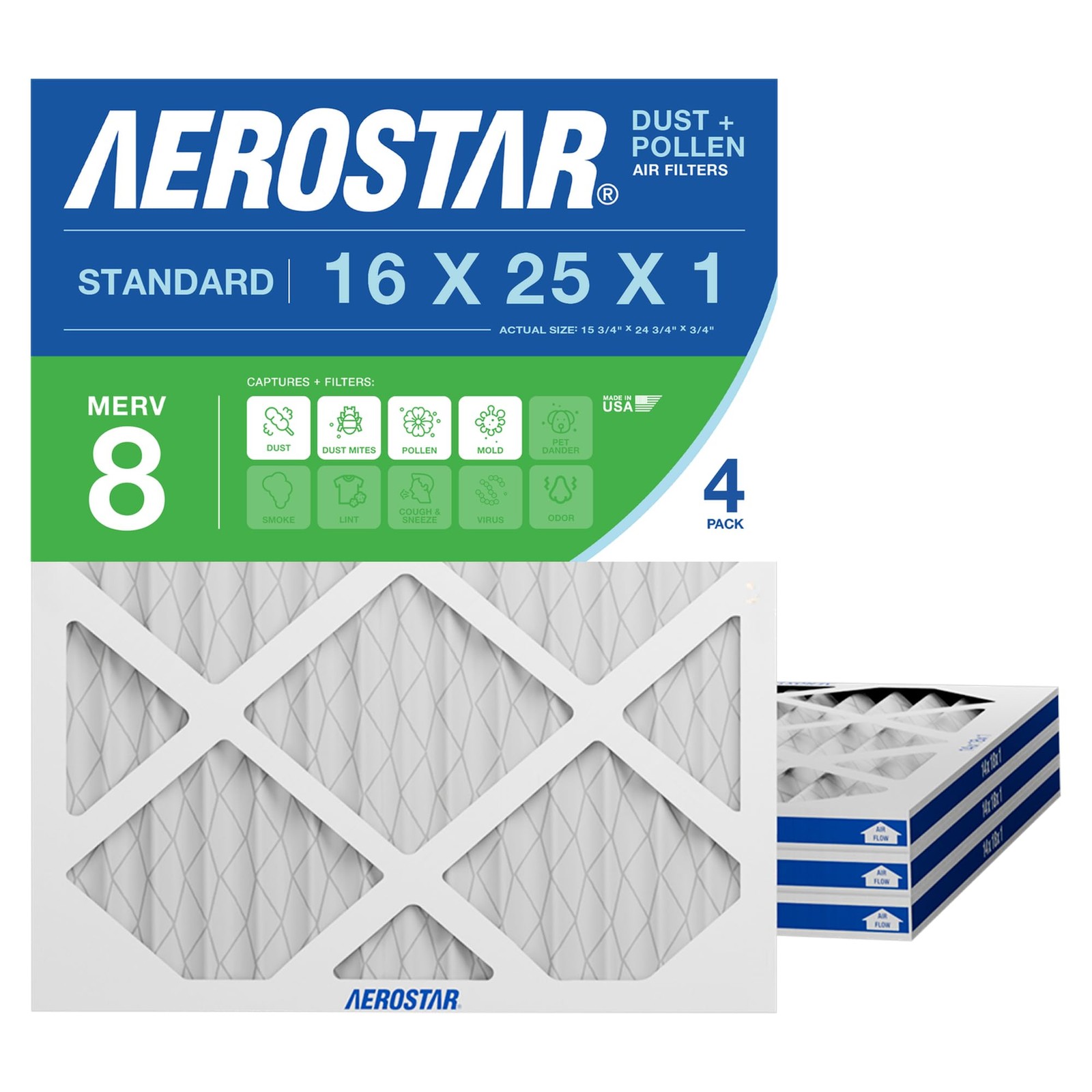Aerostar 16x25x1 MERV 8 Air Filter, 4 Count, ACTUAL SIZE (15.75 4 PACK, White
