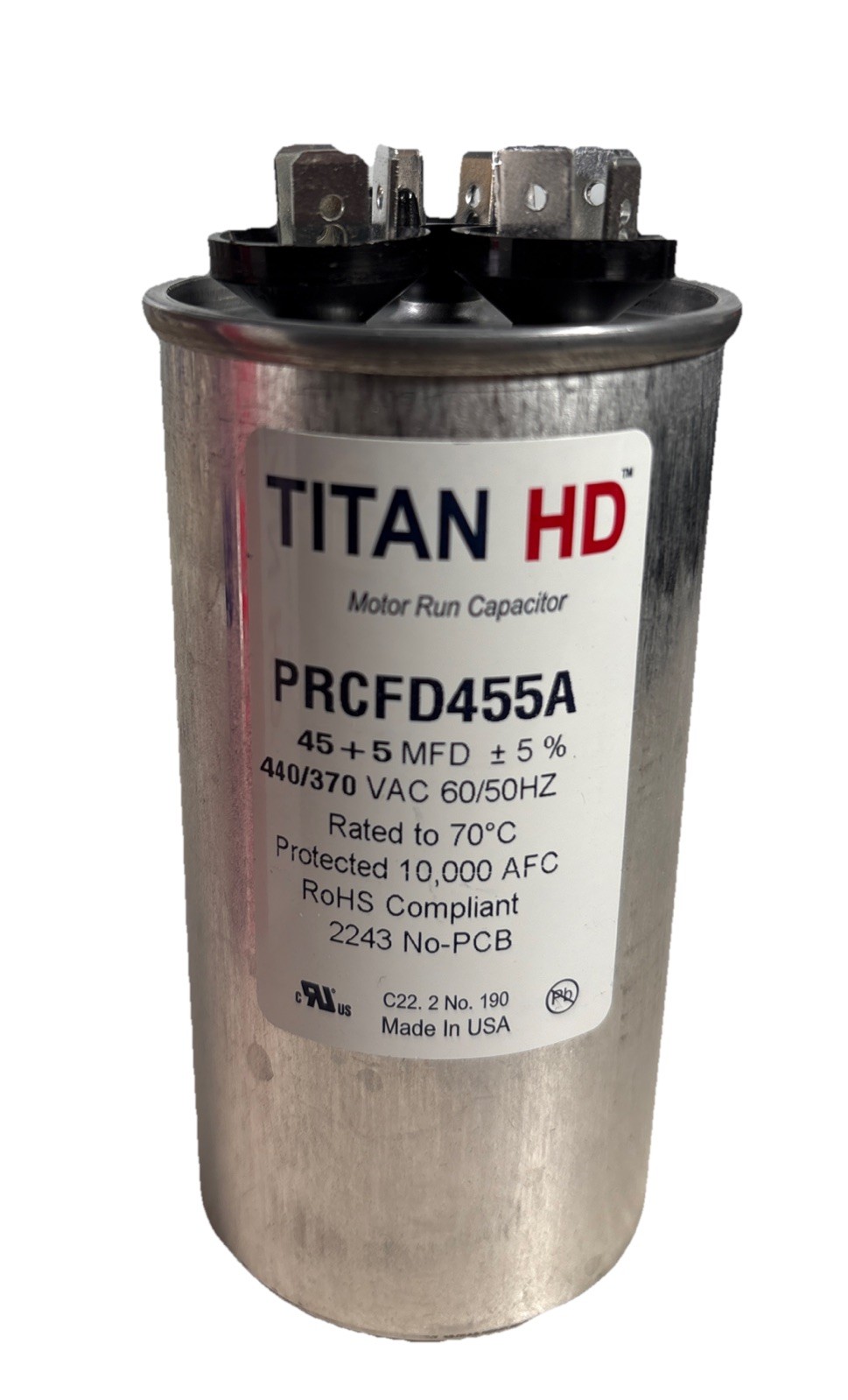 Packard Titan HD Run Capacitor, Round, 45+5 Mfd, 440-370V, USA Made!, PRCFD455A