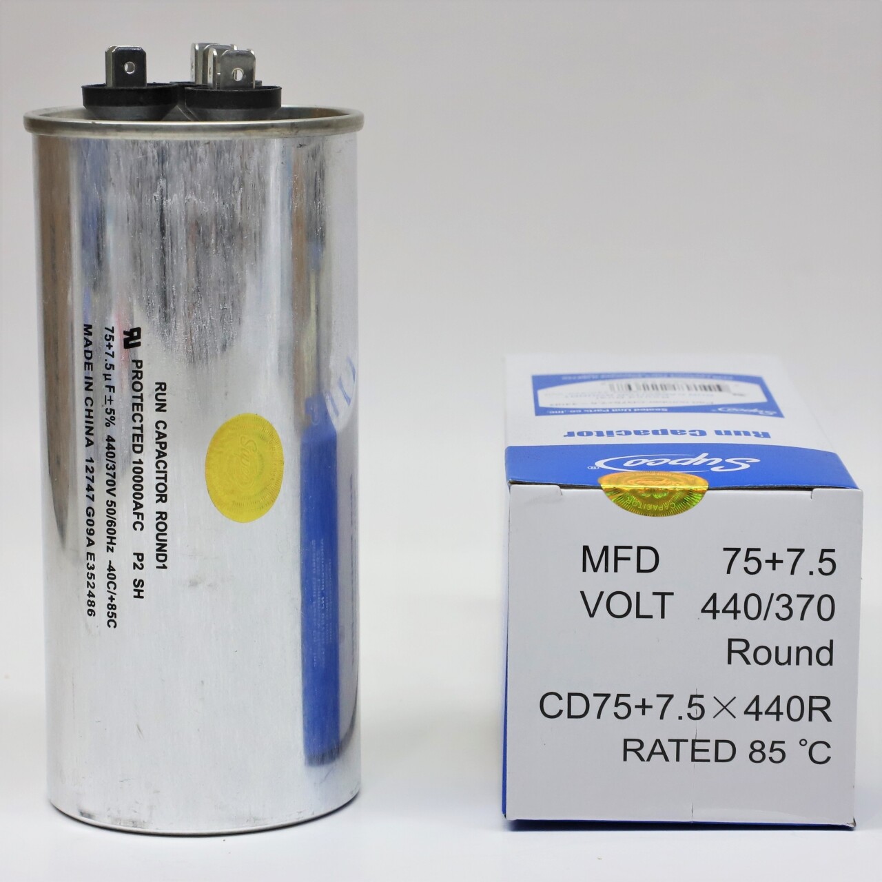 Supco CD75+7.5X440R HVAC Motor Round Dual Run Capacitor 75 + 7.5 MFD 440 Volts