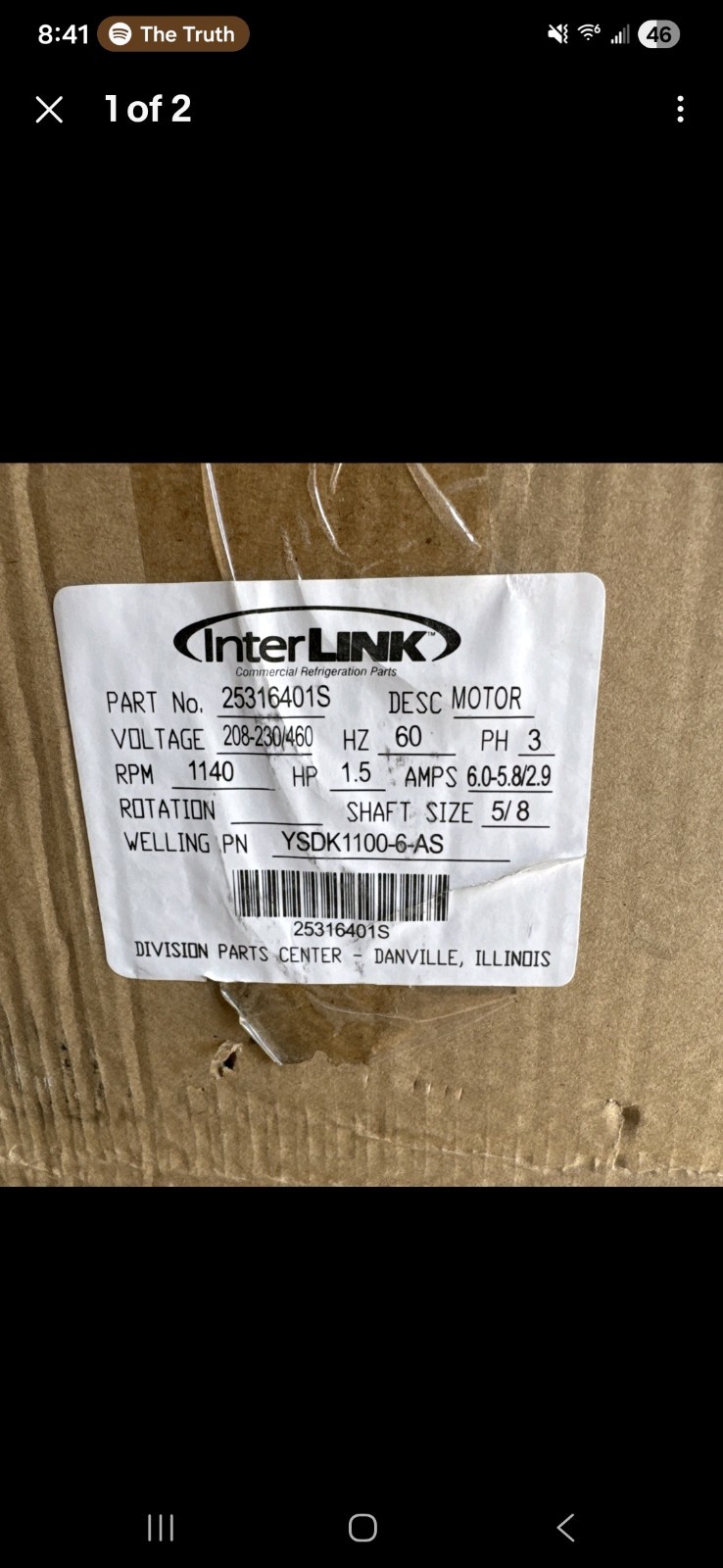 NEW IN BOX Interlink 25316401S Motor 1.5HP 1140RPM 5/8″ shaft 208/230/460VAC