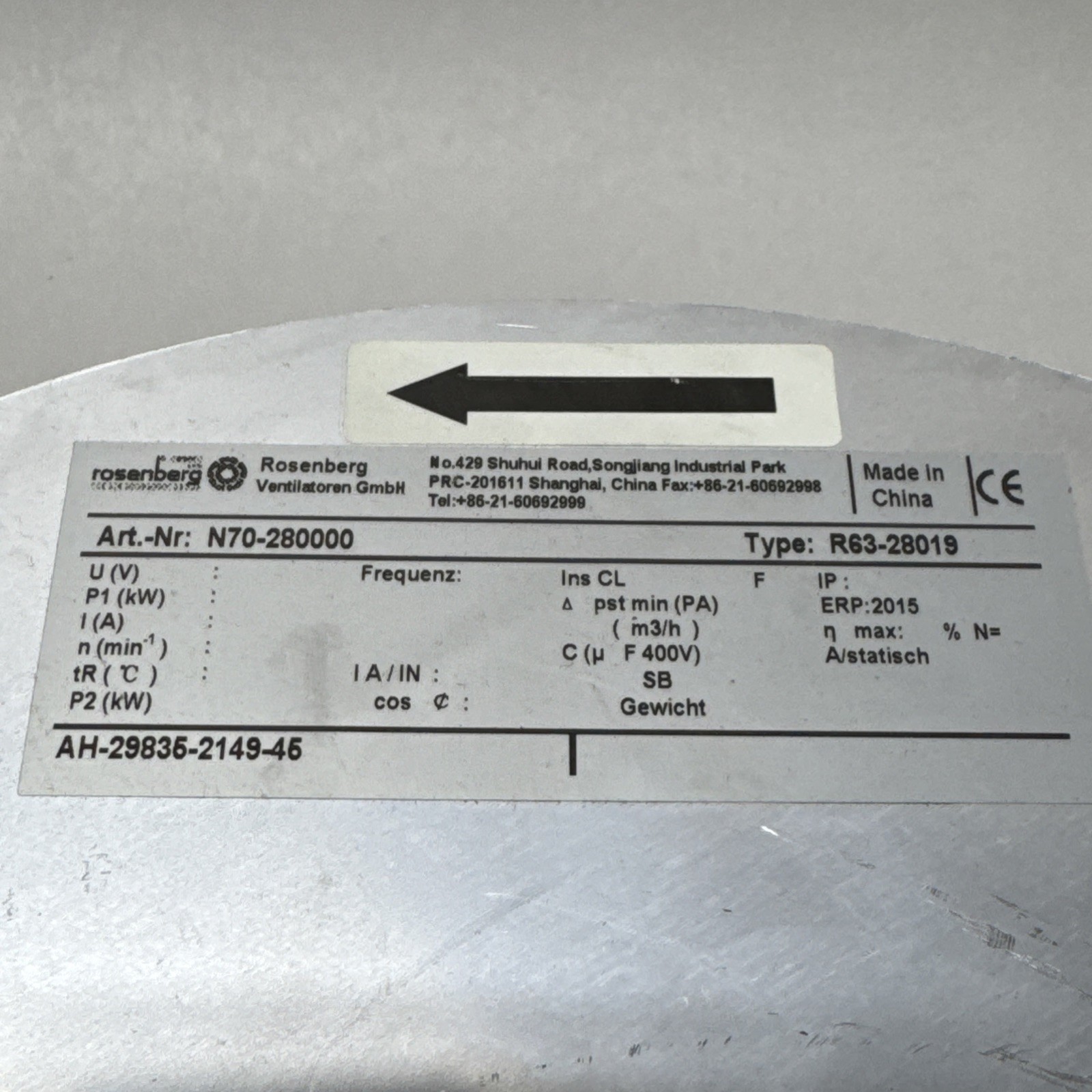 ROSENBERG ECM MOTOR CURVED ALUMINUM IMPELLER N70-280000 R63-28019