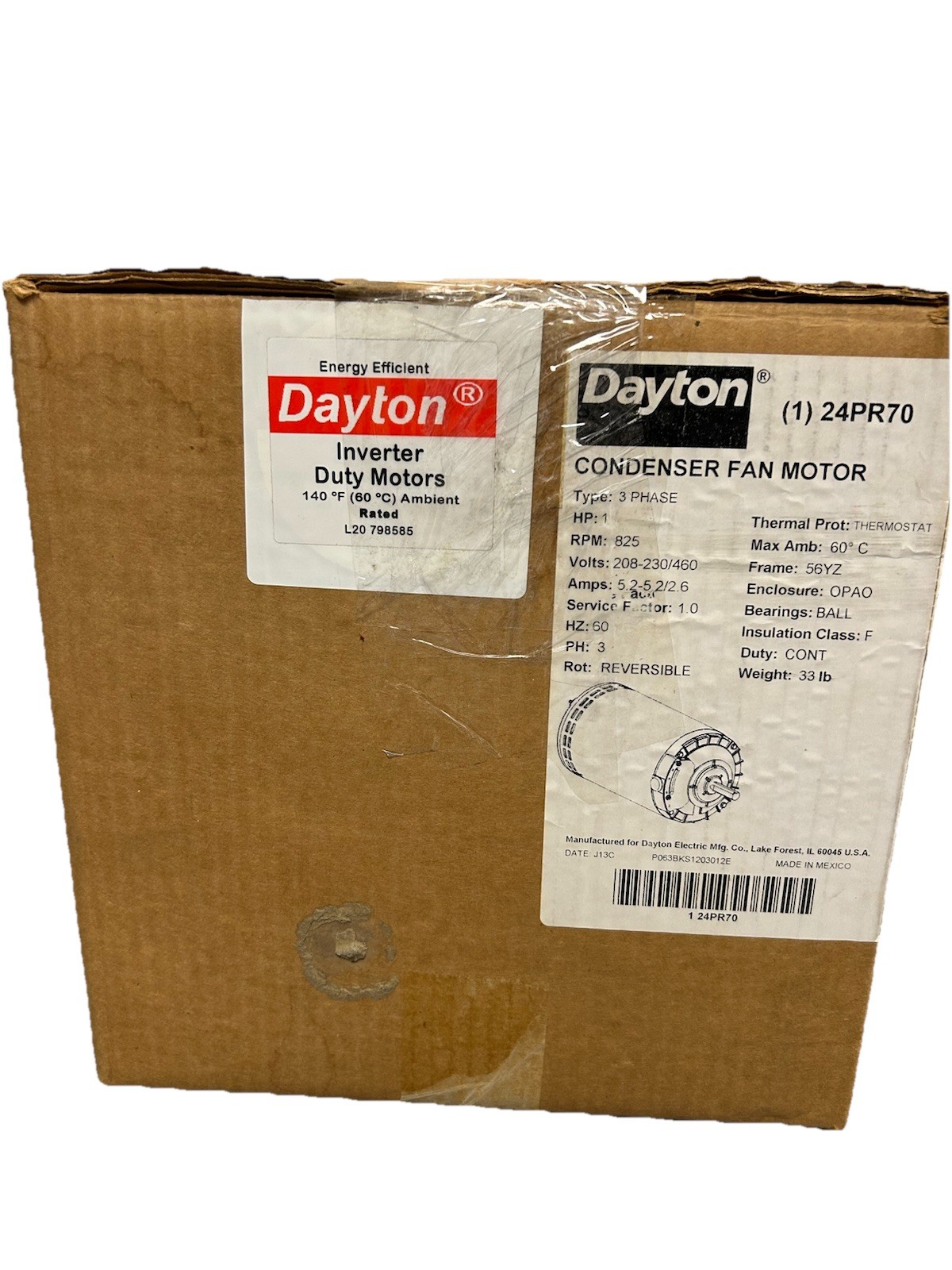 Dayton 24PR70 Condenser Fan Motor 1 HP 3-Phase 208-230/460V 825 RPM