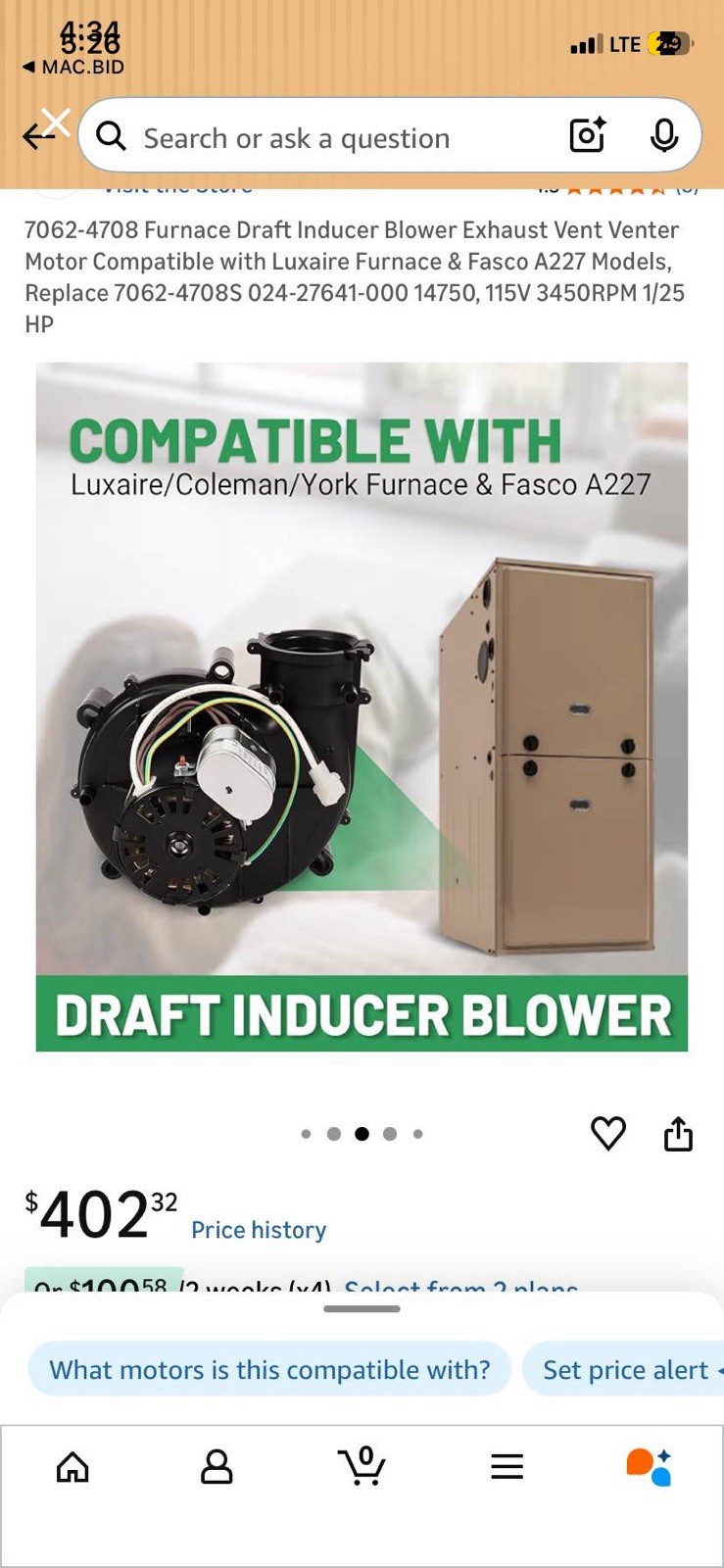 7062-4708 Draft Inducer Blower 115VAC 0.70A for York/Coleman/Luxaire