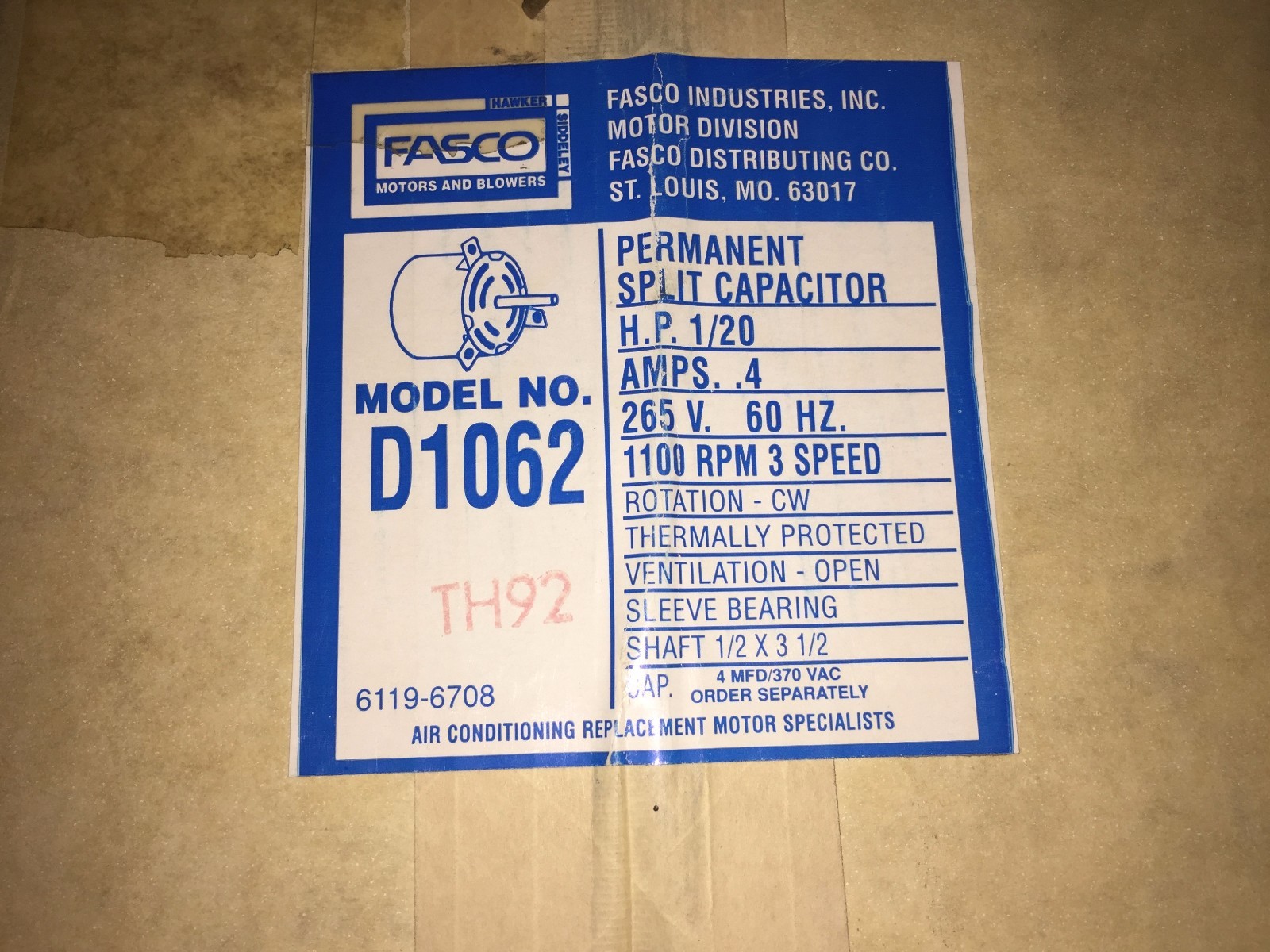 Fasco D1062 5″ Dia. 1/20-1/30-1/40HP 265V 1100RPM 3-SPD Amana Electric Motor