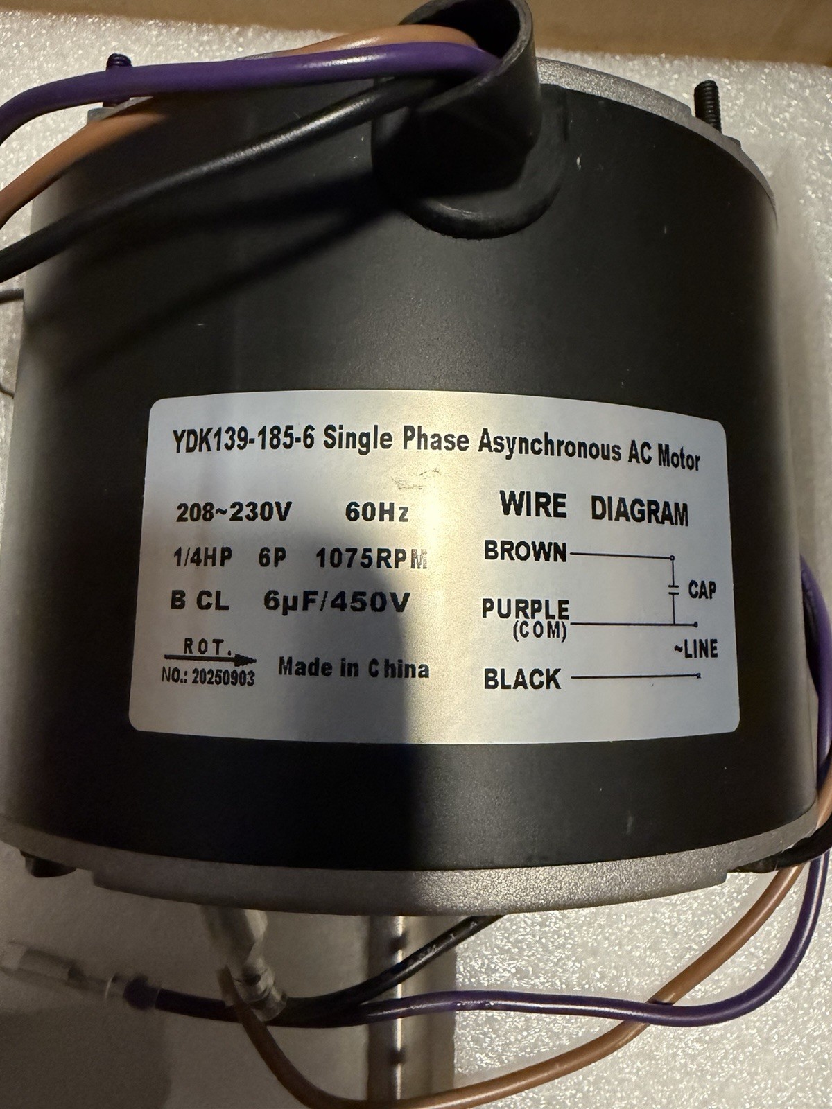 YDK139-185-6 Asynchronous Motor Single Phase 208-230V 60hz 185W 1075RPM 1/4HP