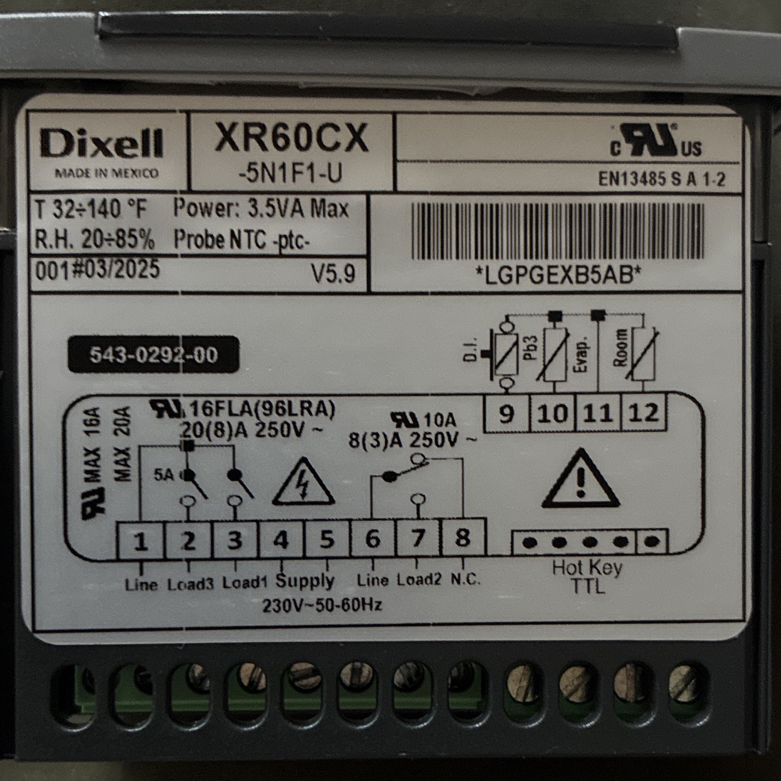 Dixell XR60CX Temperature Controller 230V 16A 1-Phase 543-0292-00