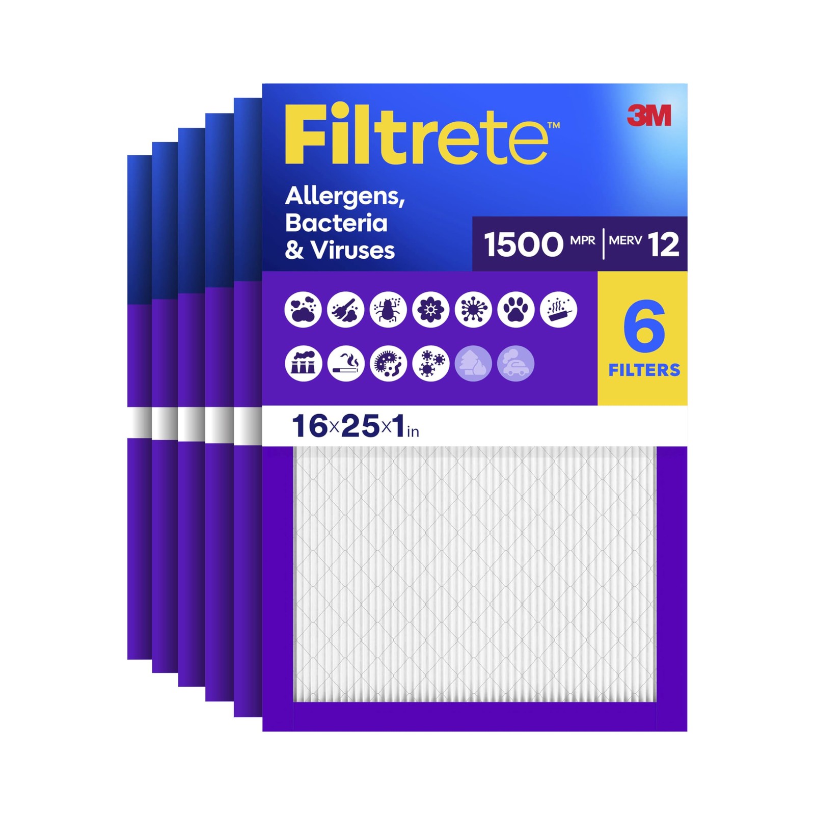 Filtrete 16x25x1 Air Filter, MERV 12, MPR 1500, Allergens, 16x25x1, White