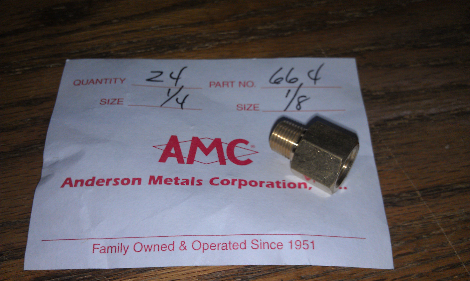 Brass Fitting, 1/8″NPT M x 1/4″ FMF, Anderson Metals Part# 04066-0402