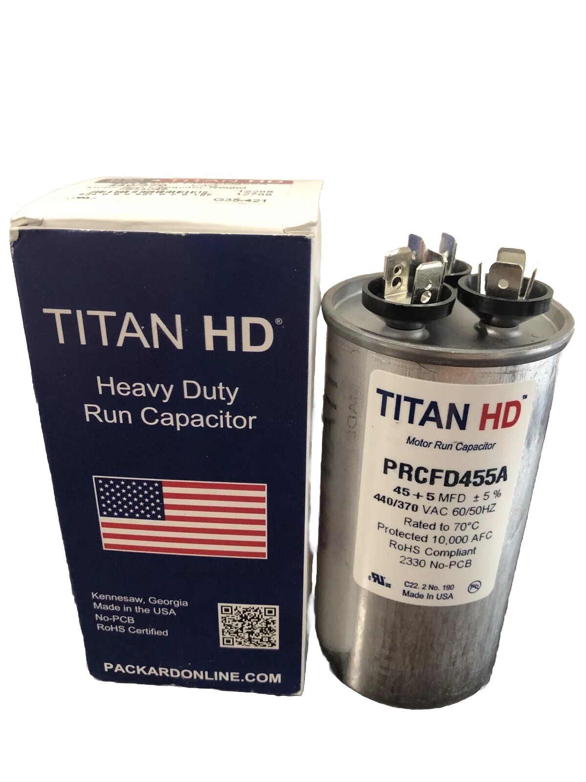 Titan HD PRCFD455A American-Made HVAC Round Motor Run Dual Capacitor 45/5 MFD/UF