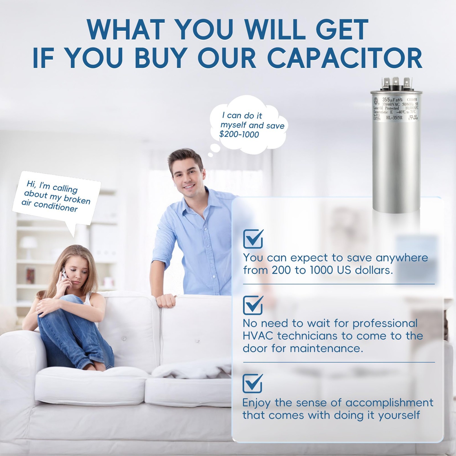 35+5 uF 35/5 MFD ±6% 370V/440VAC CBB65 Dual Run Circular Start Capacitor for Hea