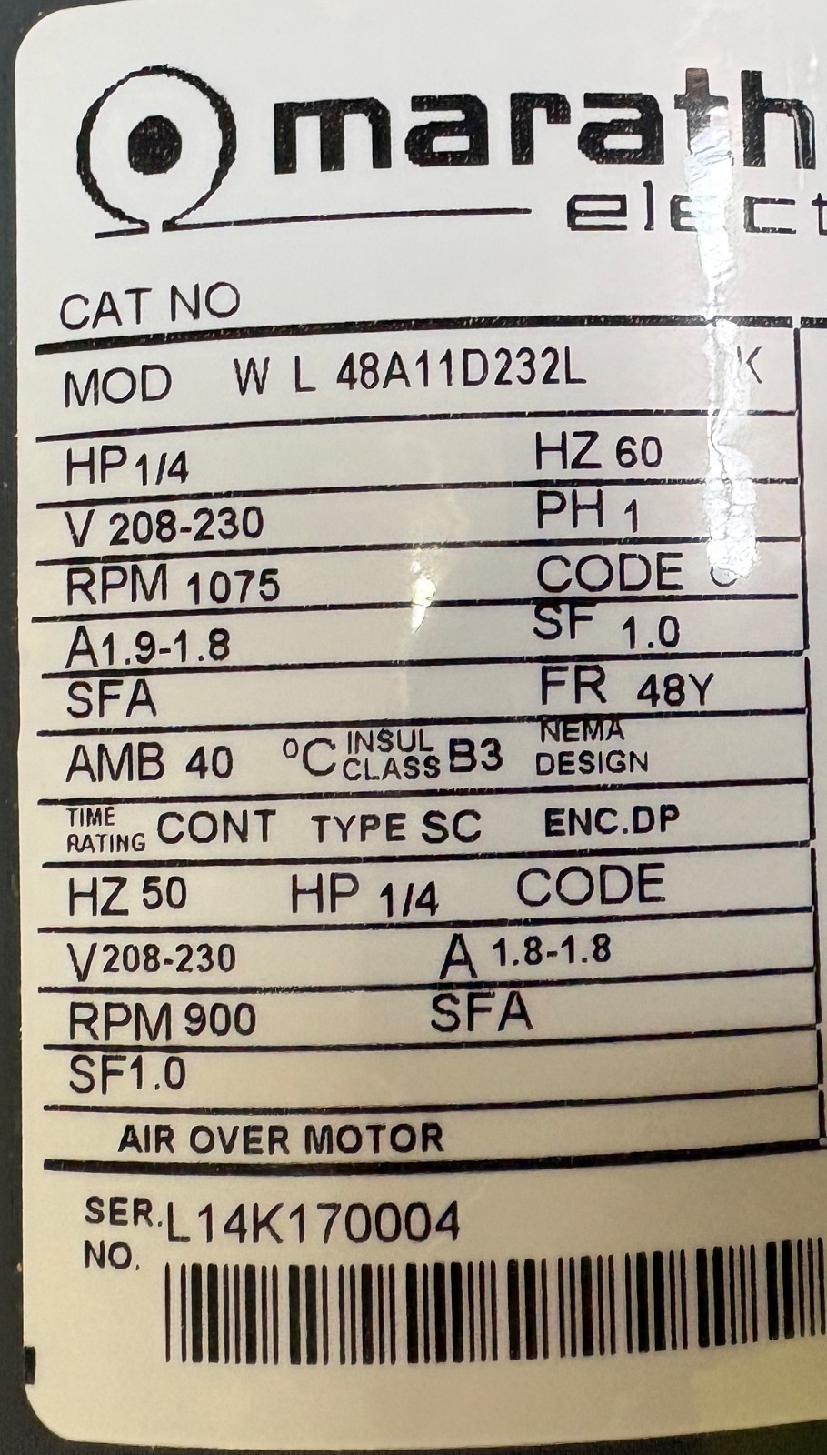 OEM Marathon Heatcraft WK48A11D232L 1/4 HP 208-230V 1 PH 1075 RPM 48Y NEW