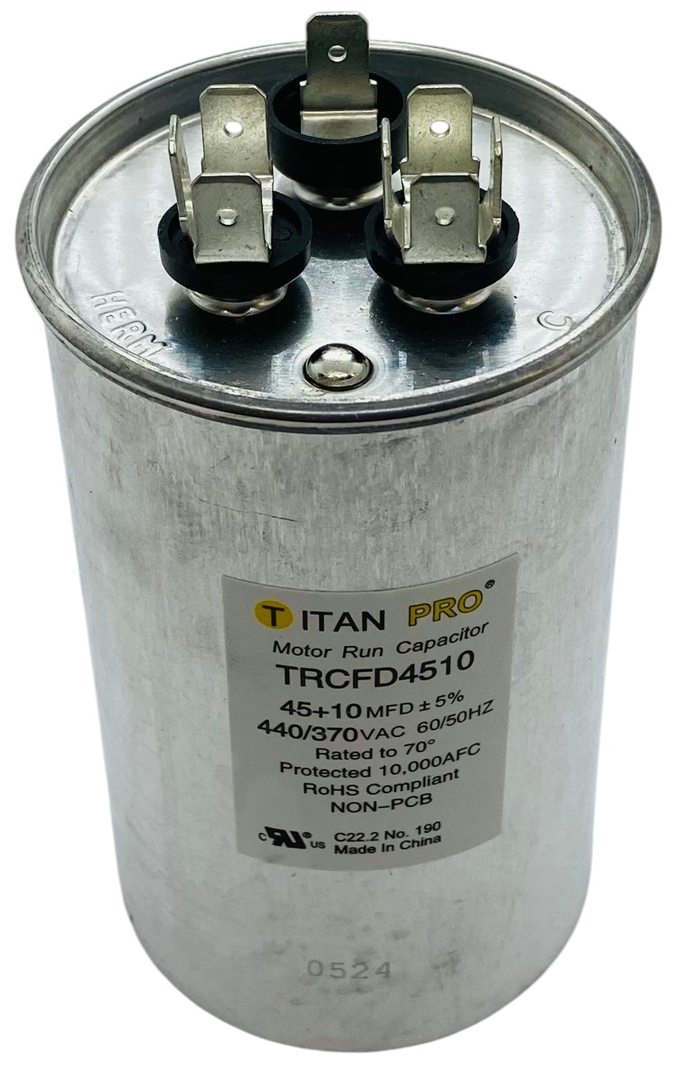 Titan Pro® Motor Run Capacitor | Round | 45 + 10 MFD | 370/440 Volt | TRCFD4510
