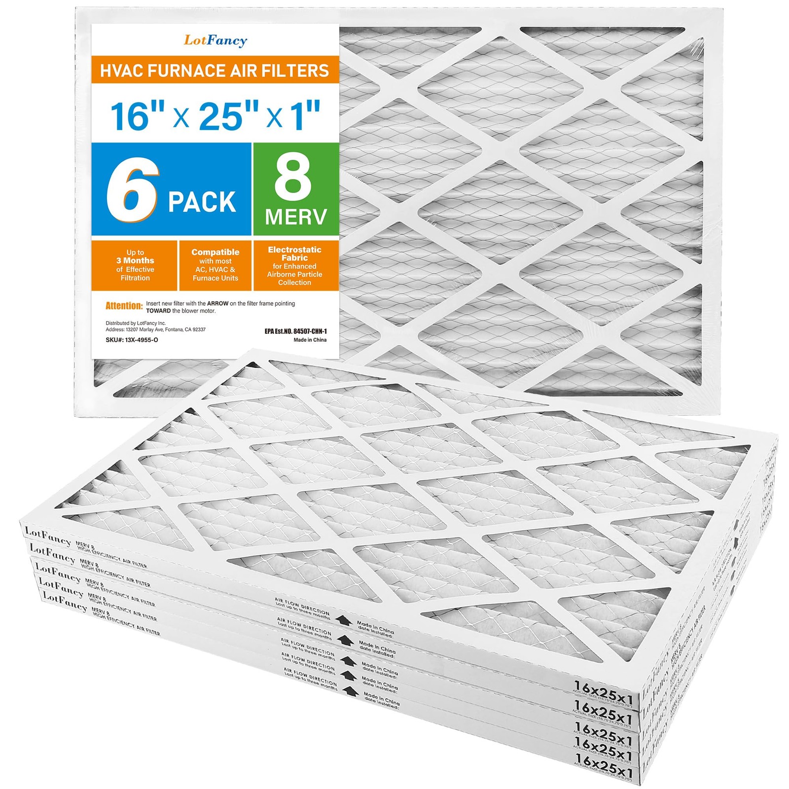 Lotfancy 16X25X1 Air Filter Merv 8 6-Pack Actual Size 15.75X24.75X0.75