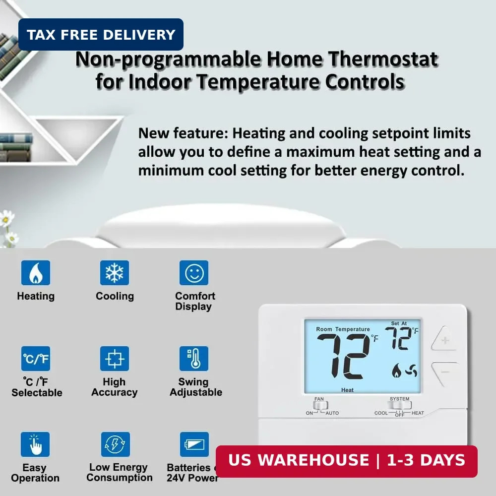 Thermostat for Home Non-Programmable Single-Stage Systems,1 Heat / 1 Cool,Easy D