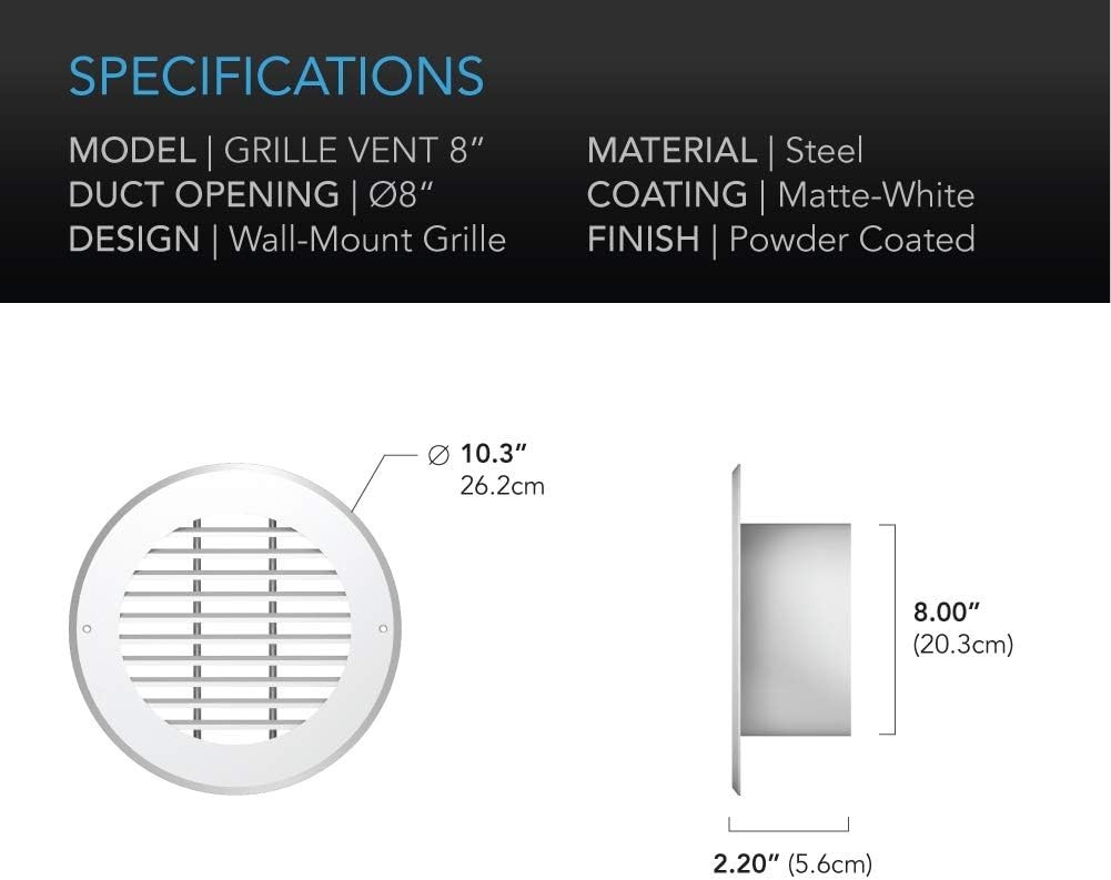 AC Infinity Wallmount Duct Grille Vent 8″, Metal Heating Cooling Vent/Exhaust