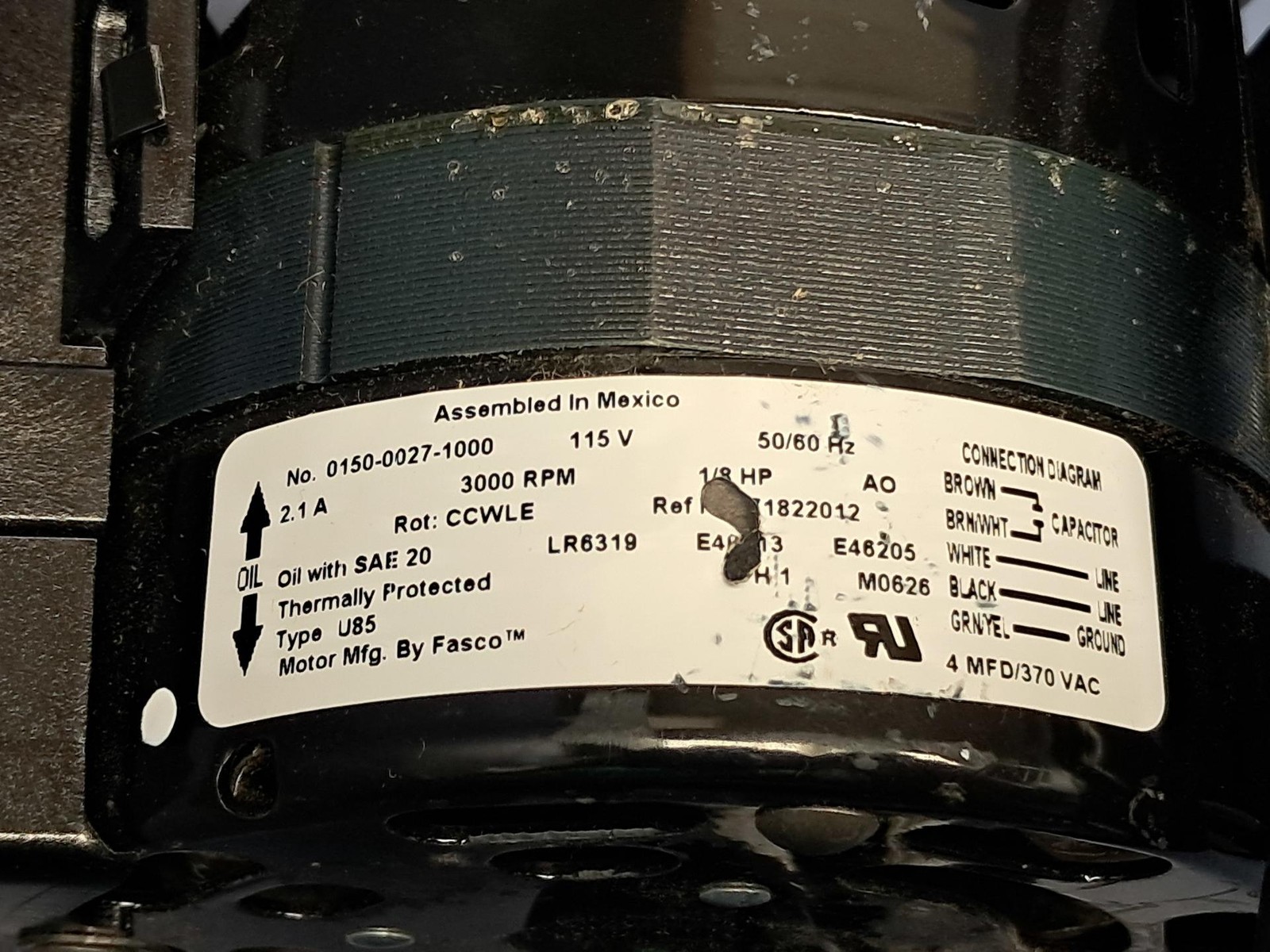 Fasco Motor 0150-0027-1000 3000-RPM 1/8-HP 50/60Hz 1-Phase MOTOR ONLY